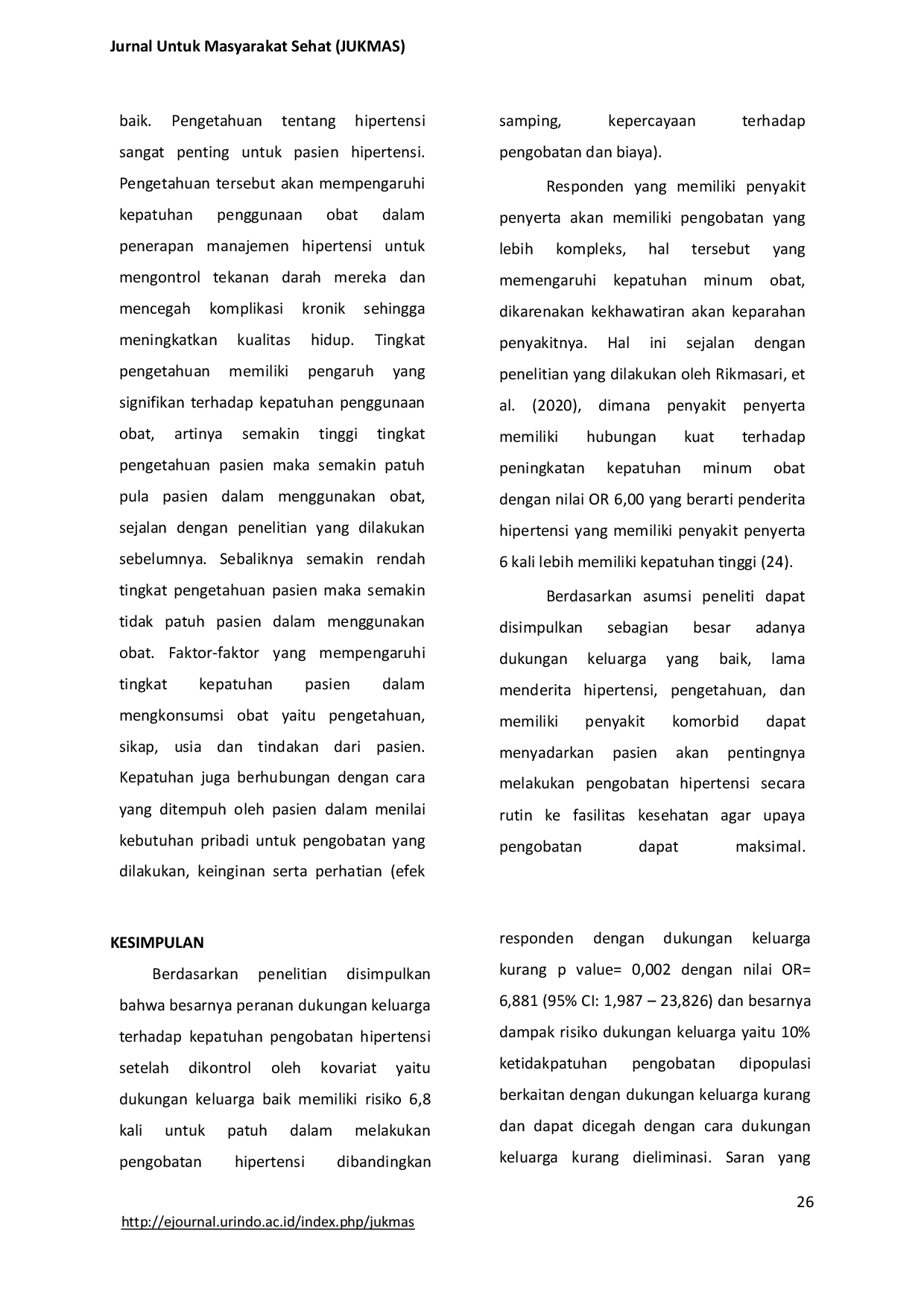 JURIS Peranan Dukungan Keluarga Terhadap Kepatuhan Pengobatan Hipertensi Pada Usia Produktif di Wilayah Kerja Puskesmas Ciperna Tahun 2023
