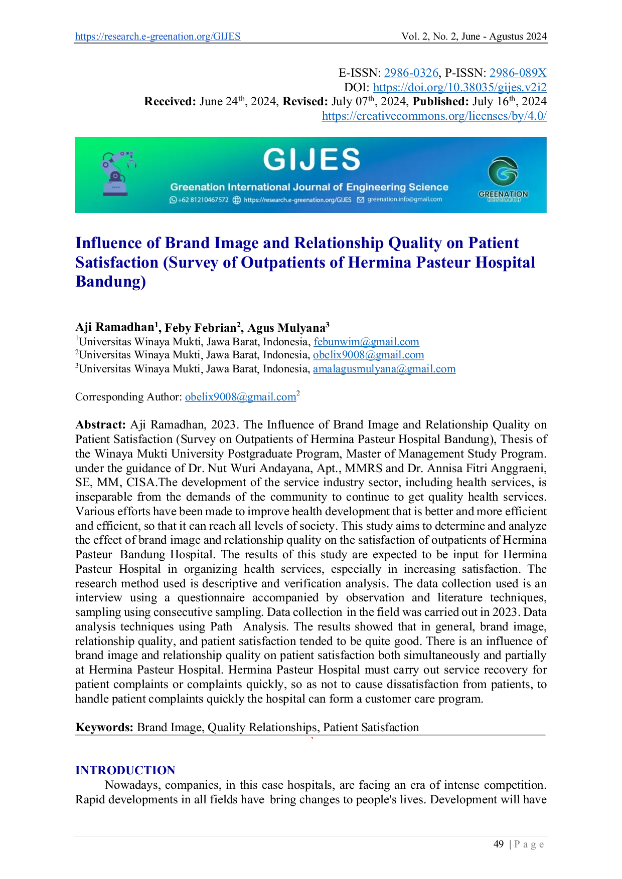 JURIS Influence of Brand Image and Relationship Quality on Patient Satisfaction Survey of Outpatients of Hermina Pasteur Hospital Bandung