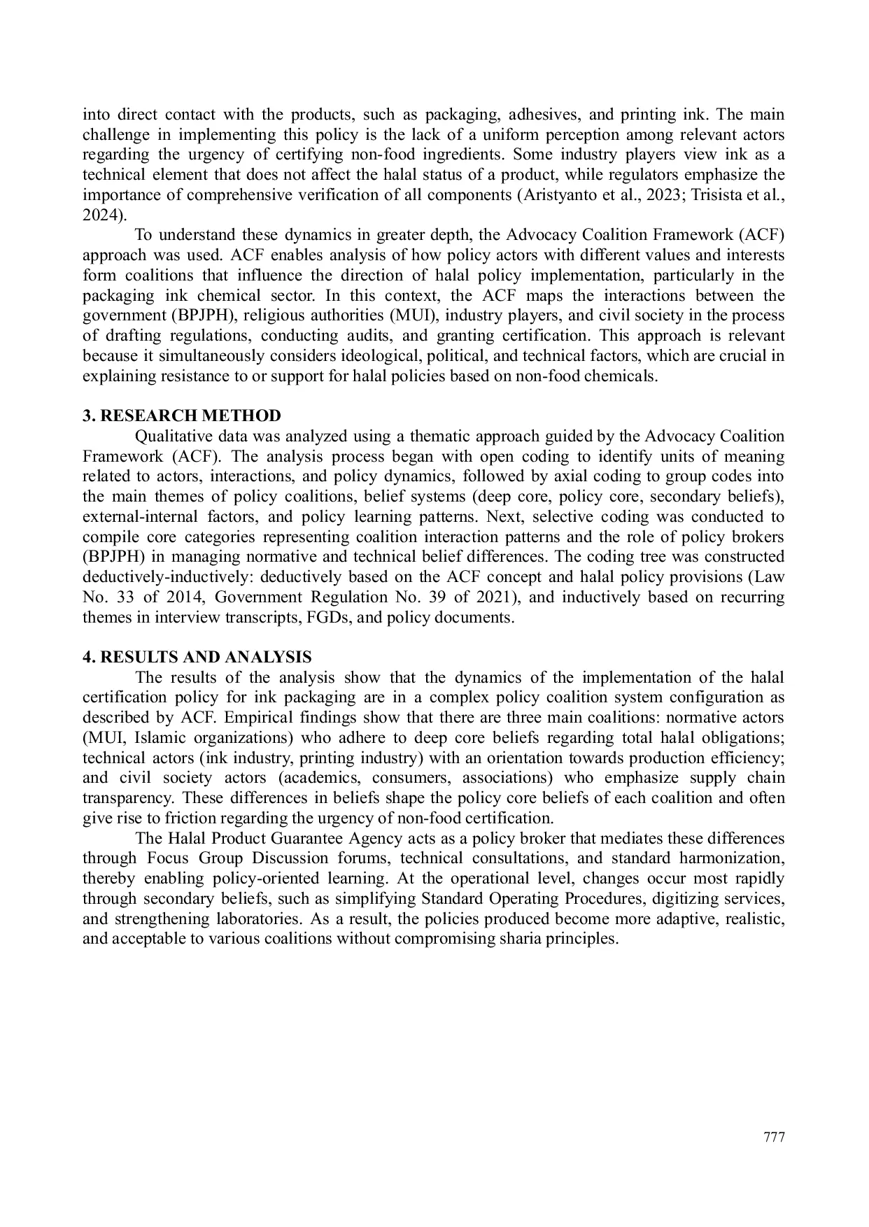 JURIS Advocacy Coalition Framework Policy in Halal Certification of Packaging Ink Chemicals