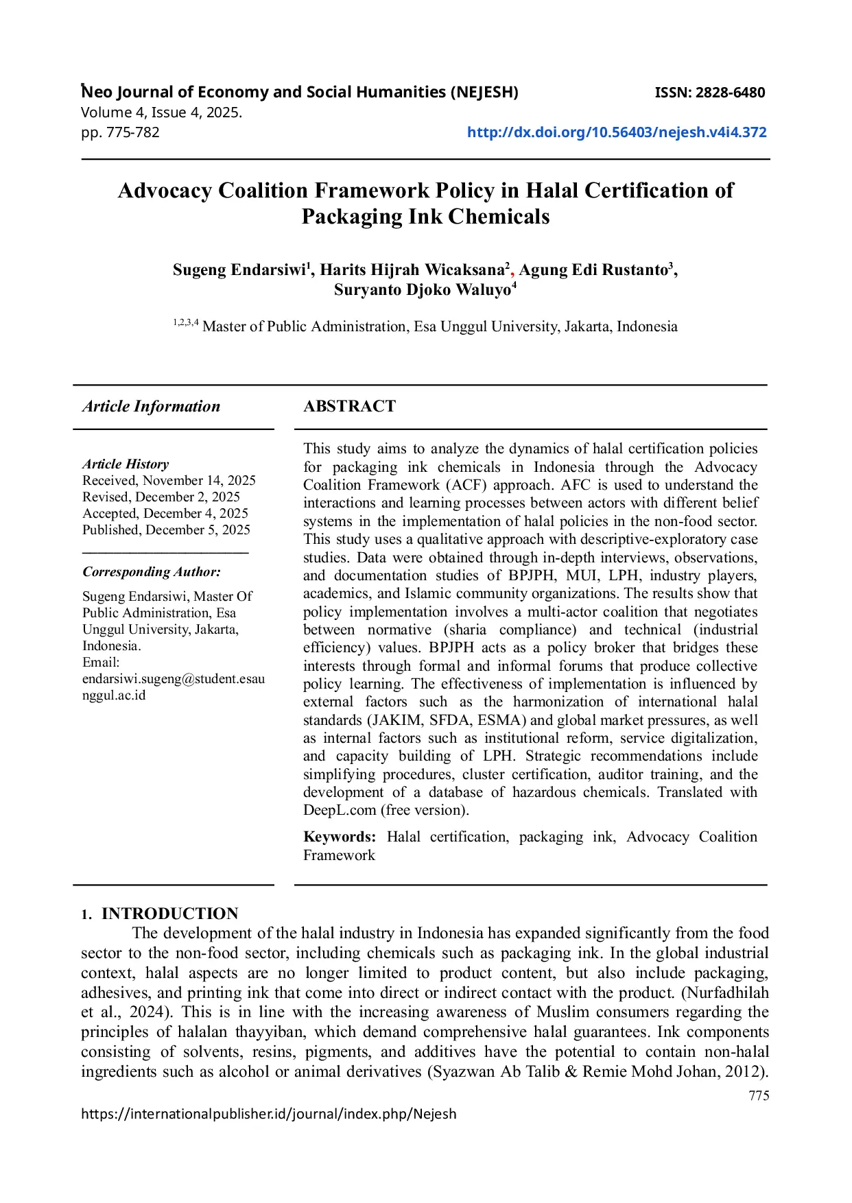 JURIS Advocacy Coalition Framework Policy in Halal Certification of Packaging Ink Chemicals
