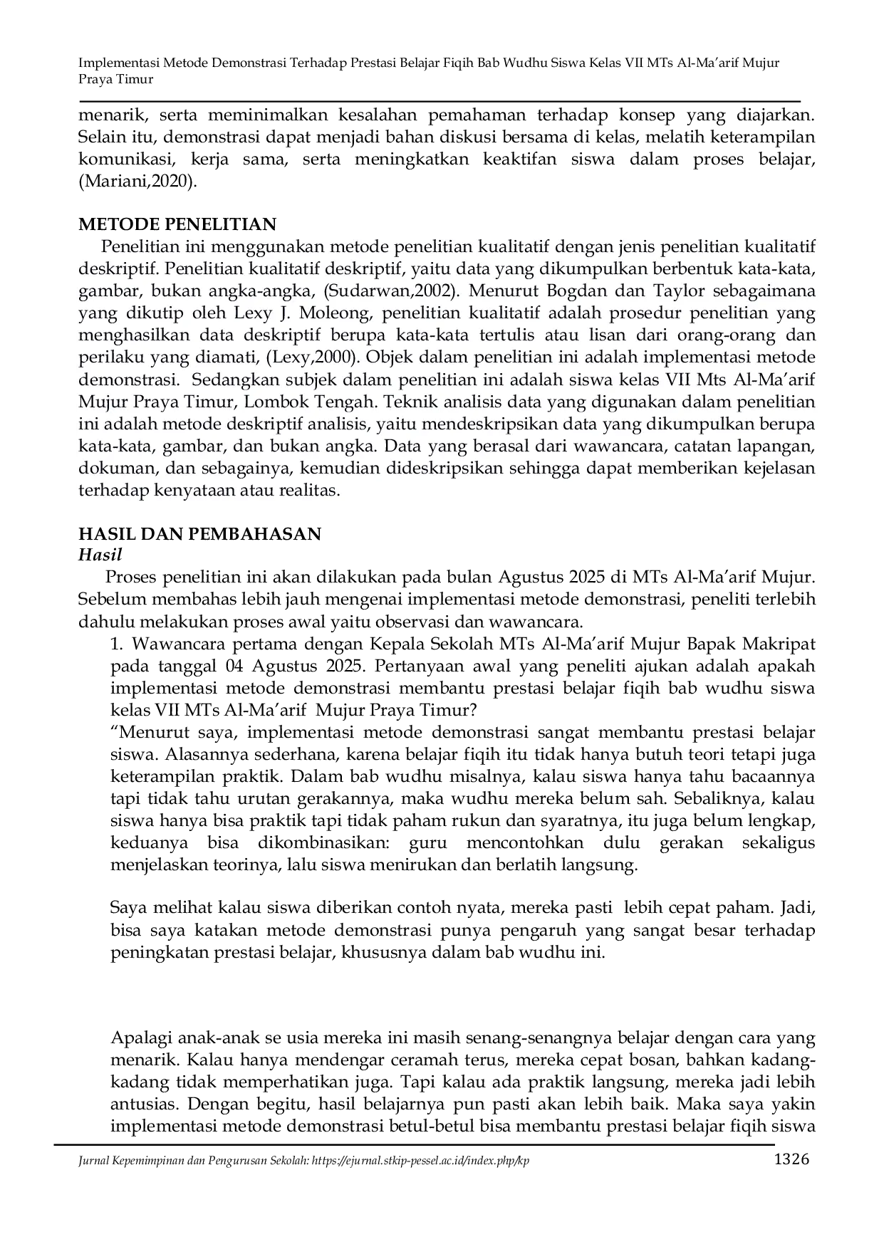 JURIS Implementasi Metode Demonstrasi Terhadap Prestasi Belajar Fiqih Bab Wudhu Siswa Kelas VII MTs Al Ma arif Mujur Praya Timur