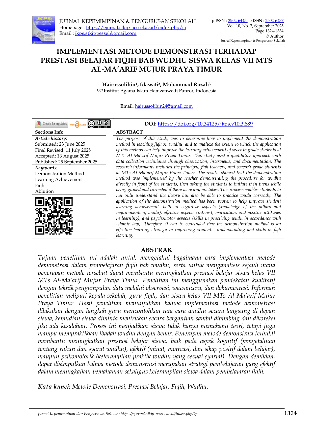 JURIS Implementasi Metode Demonstrasi Terhadap Prestasi Belajar Fiqih Bab Wudhu Siswa Kelas VII MTs Al Ma arif Mujur Praya Timur