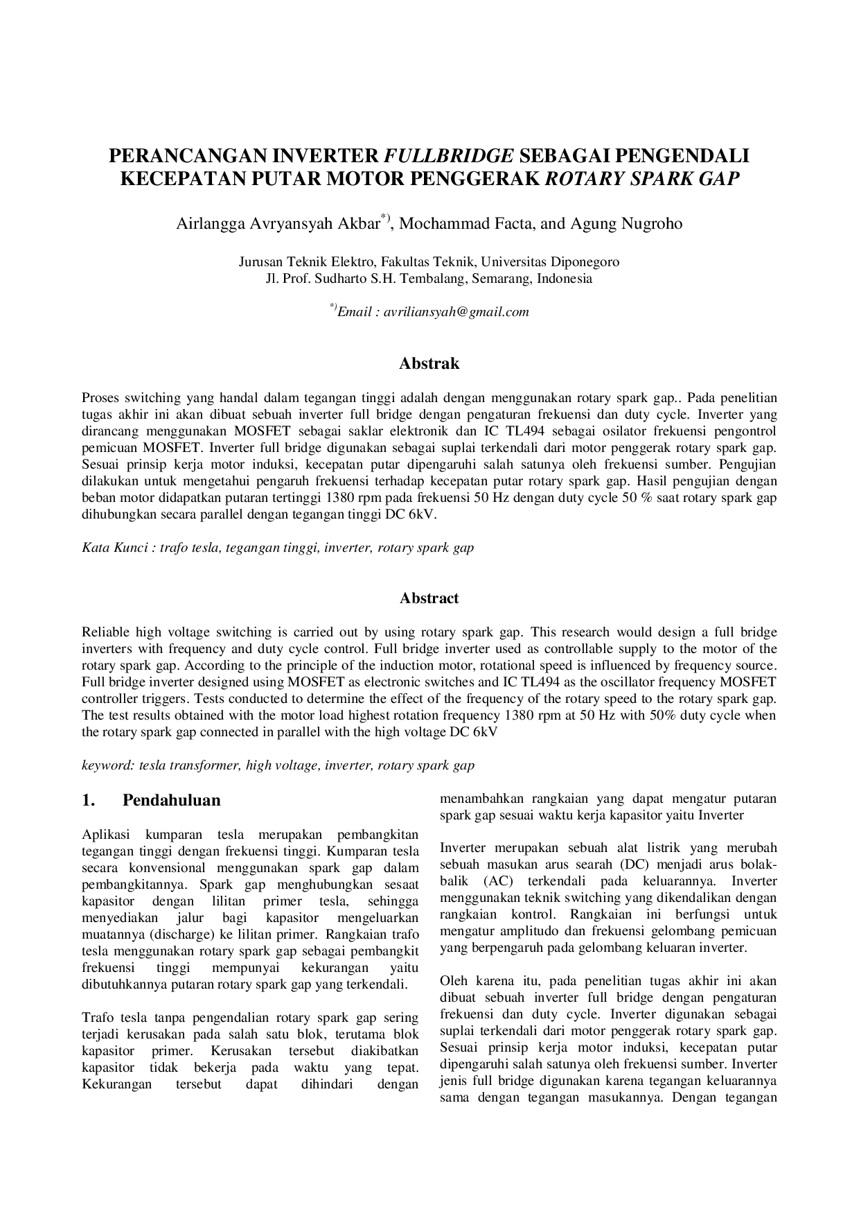 JURIS Perancangan Inverter Fullbridge Sebagai Pengendali Kecepatan Putar Motor Penggerak Rotary Spark Gap