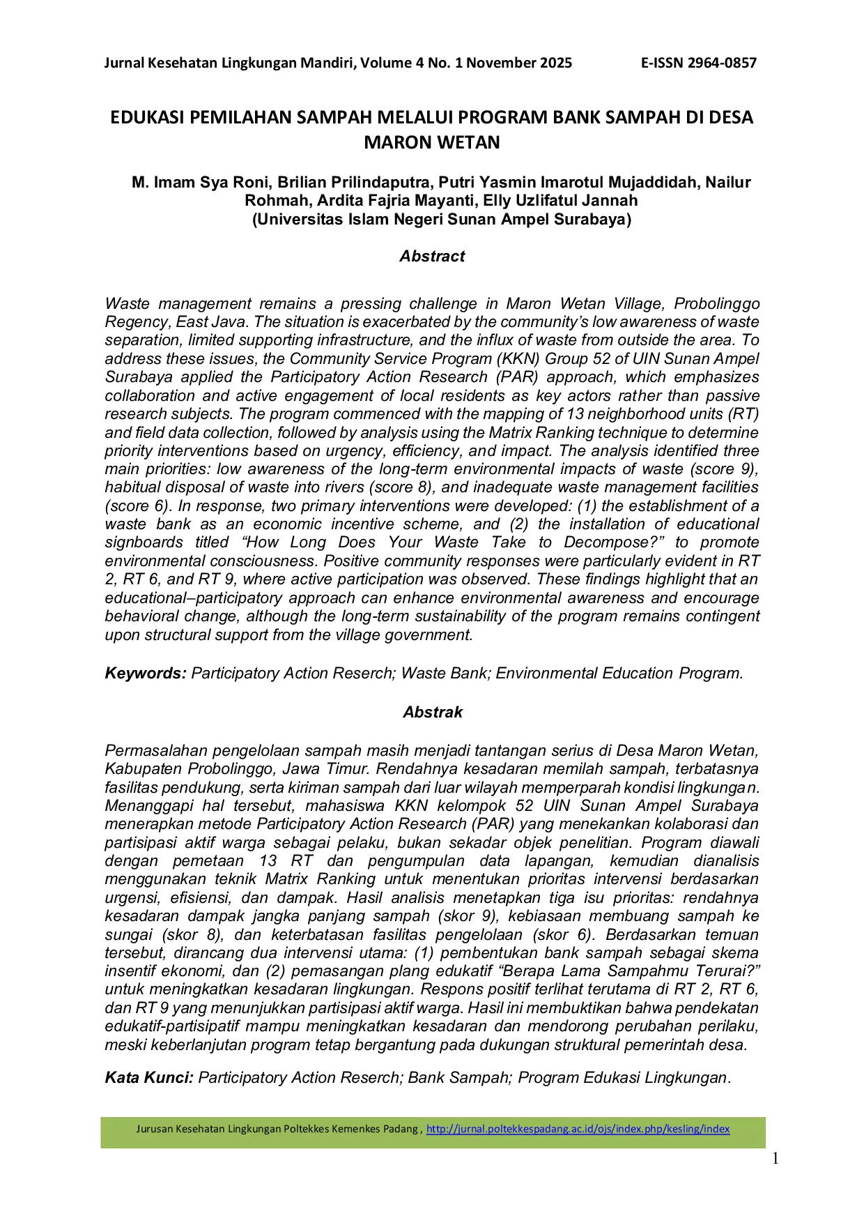 JURIS Edukasi Pemilahan Sampah Melalui Program Bank Sampah di Desa Maron Wetan