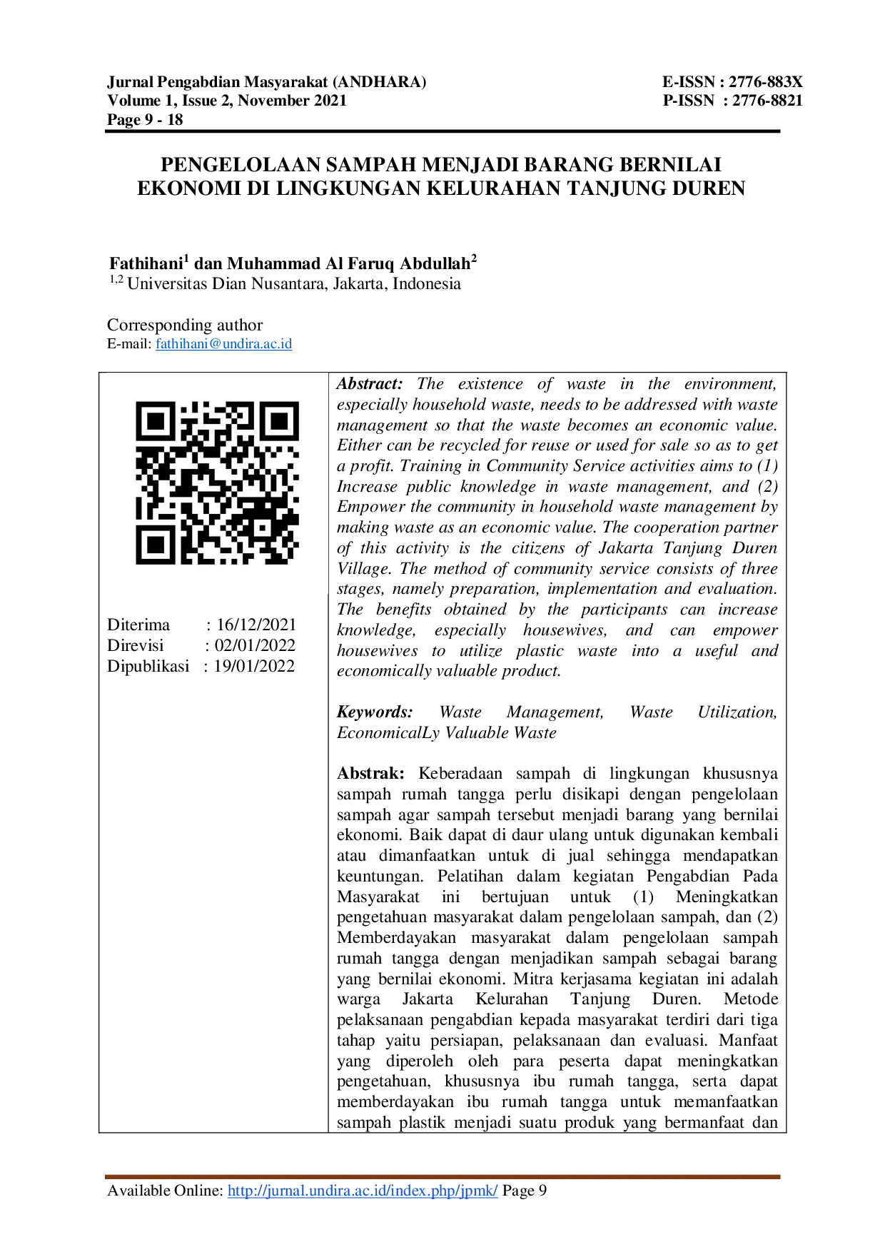 JURIS Pengelolaan Sampah Menjadi Barang Bernilai Ekonomi Di Lingkungan Kelurahan Tanjung Duren