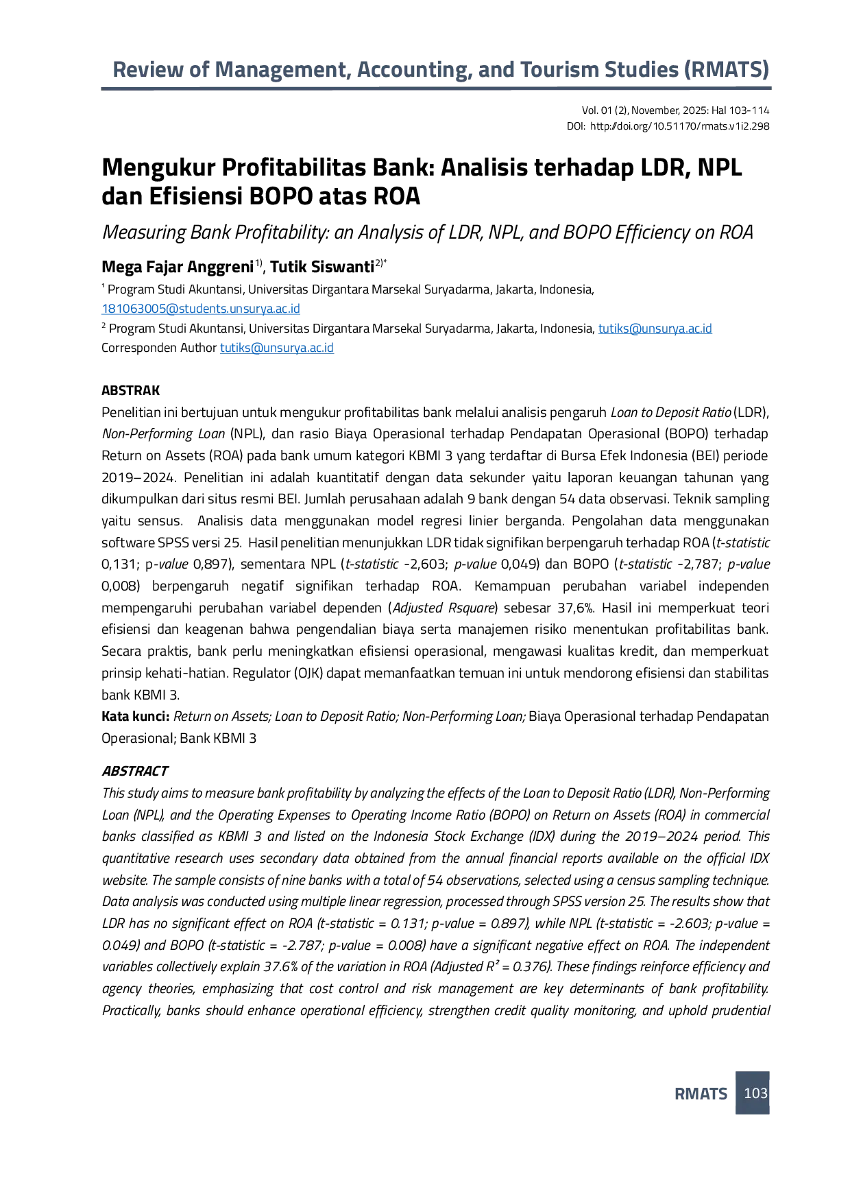 JURIS Mengukur Profitabilitas Bank Analisis terhadap LDR NPL dan Efisiensi BOPO atas ROA Measuring Bank Profitability an Analysis of LDR NPL and BOPO Efficiency on ROA