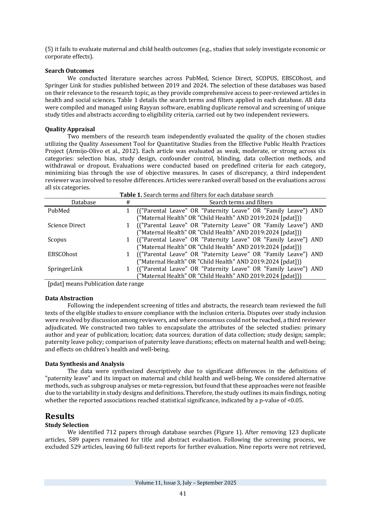 JURIS A Systematic Review of the Effects of Paternity Leave on the Health and Well Being of Mothers and Children