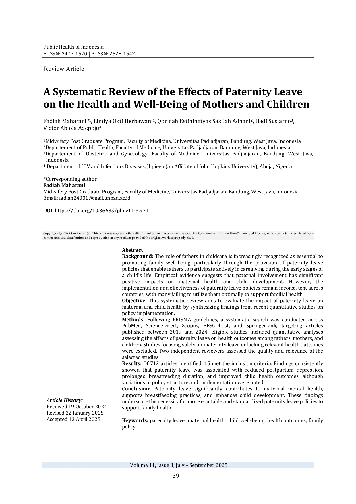 JURIS A Systematic Review of the Effects of Paternity Leave on the Health and Well Being of Mothers and Children