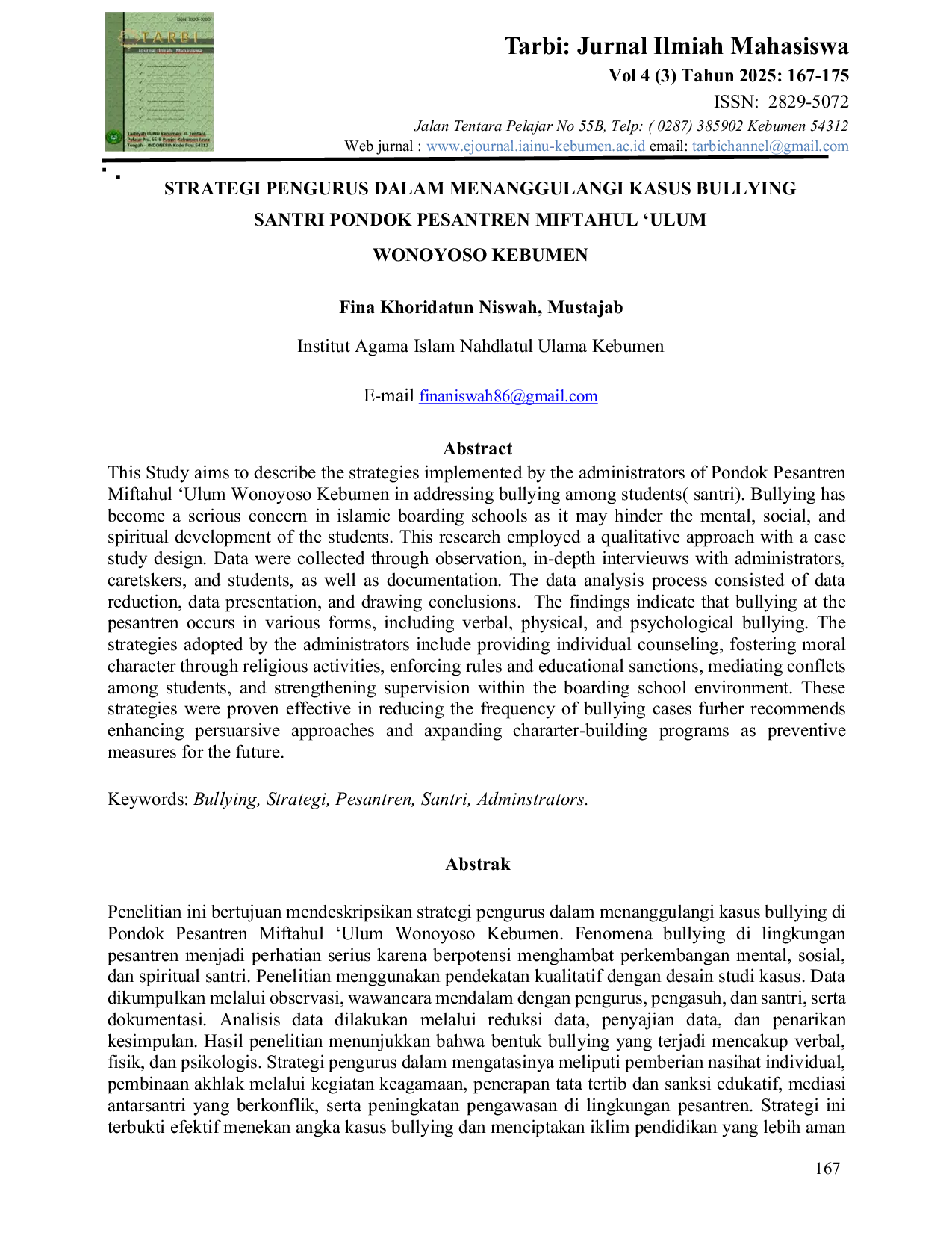JURIS Strategi Pengurus dalam Menanggulangi Kasus Bullying Santri Pondok Pesantren Miftahul Ulum Wonoyoso Kebumen