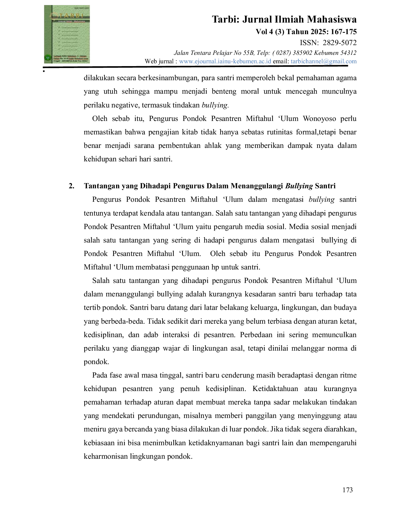 JURIS Strategi Pengurus dalam Menanggulangi Kasus Bullying Santri Pondok Pesantren Miftahul Ulum Wonoyoso Kebumen