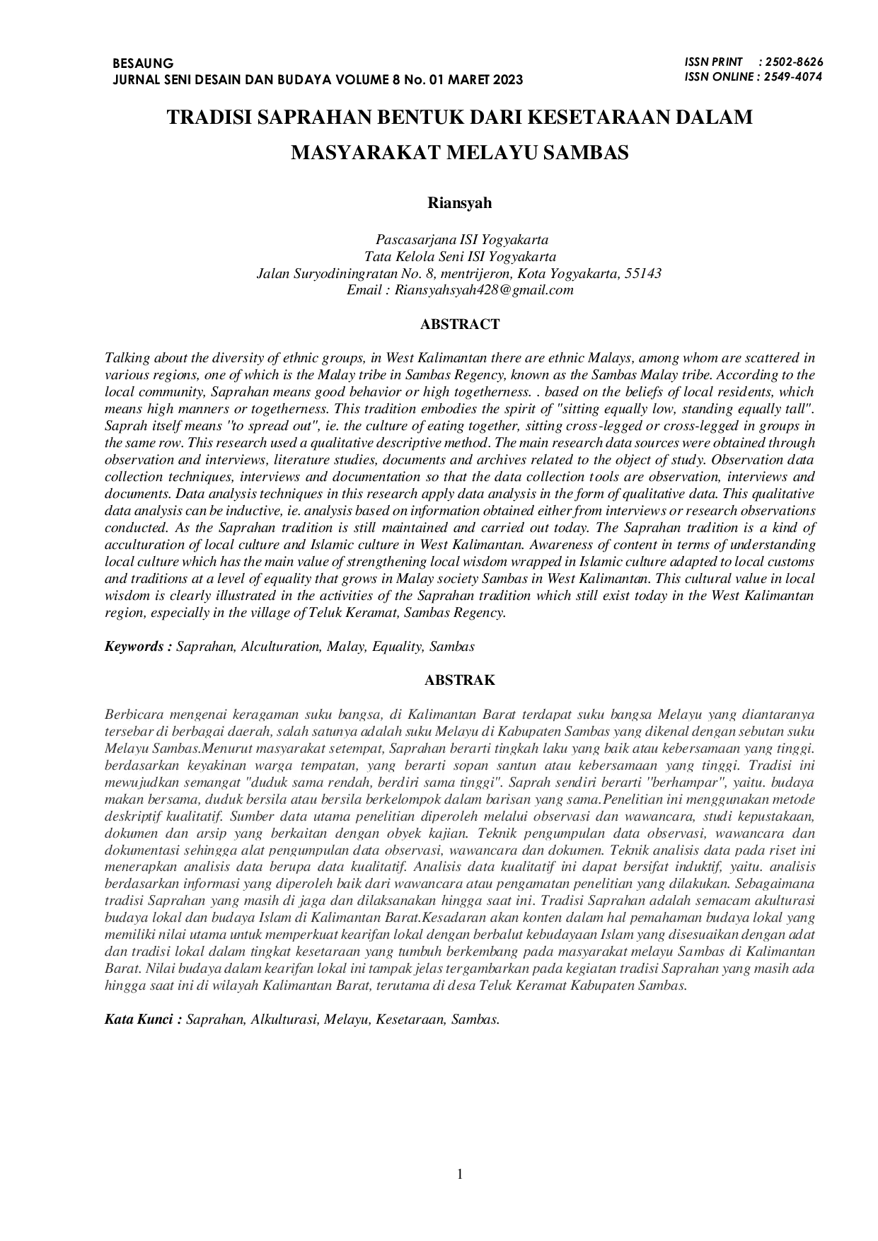 JURIS Tradisi Saprahan Bentuk Dari Kesetaraan Dalam Masyarakat Melayu Sambas