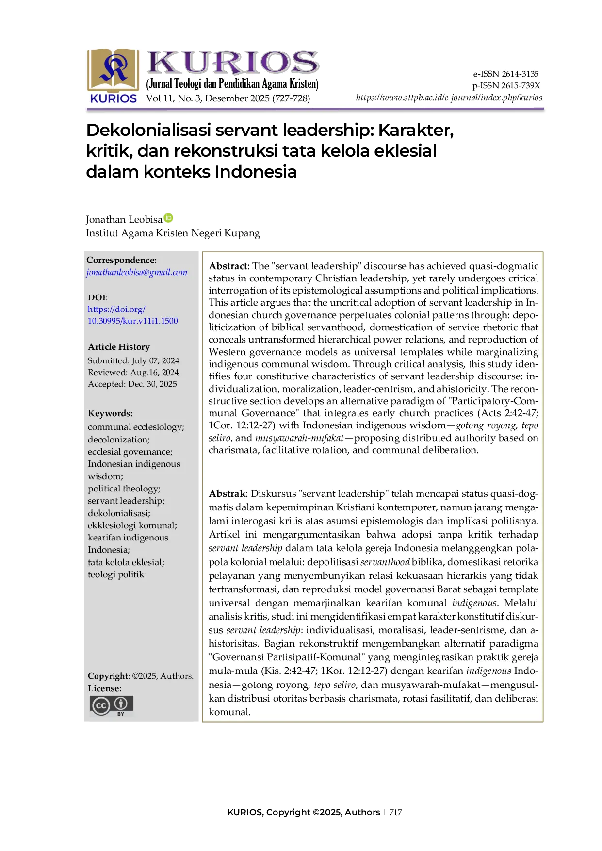 JURIS Dekolonialisasi servant leadership Karakter kritik dan rekonstruksi tata kelola eklesial dalam konteks indonesia