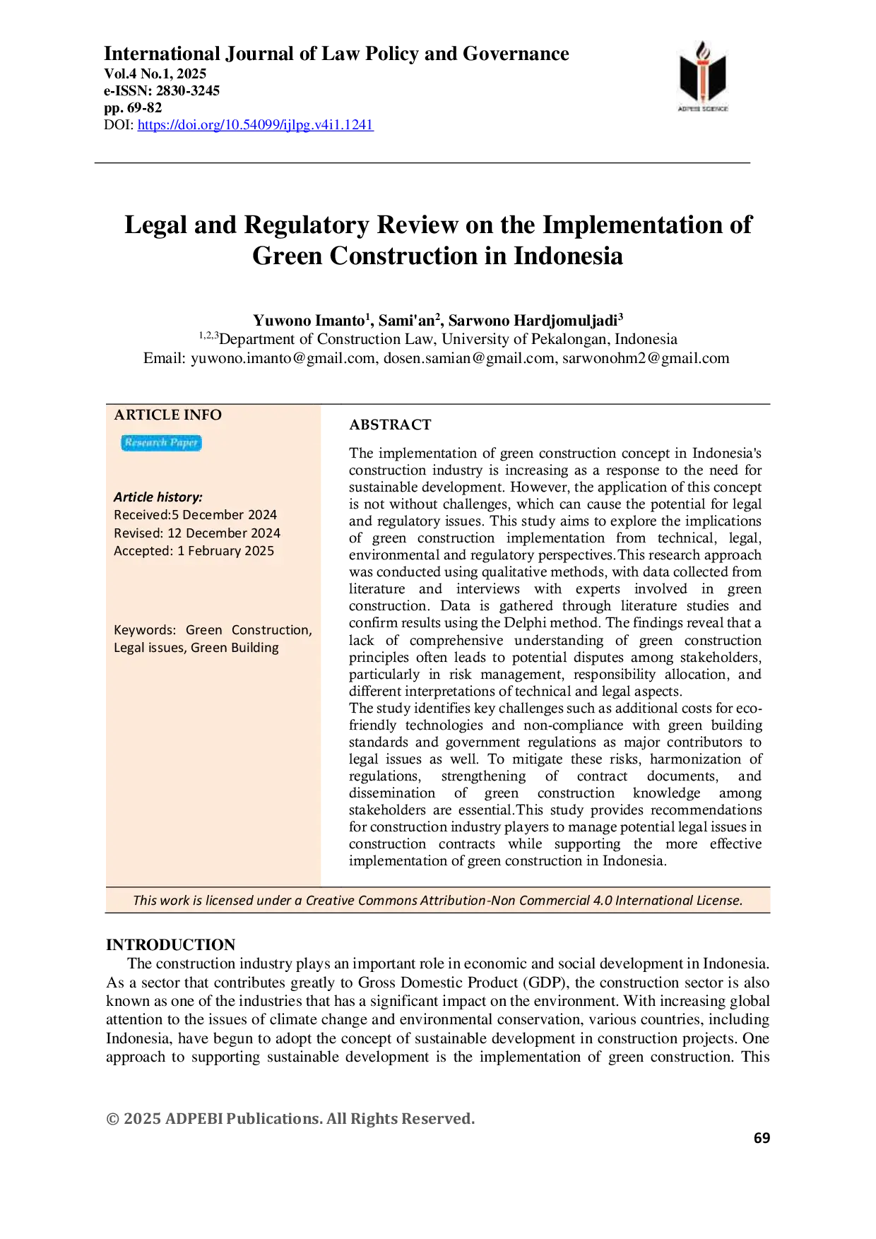 JURIS The Legal and Regulatory Review on the Implementation of Green Construction in Indonesia