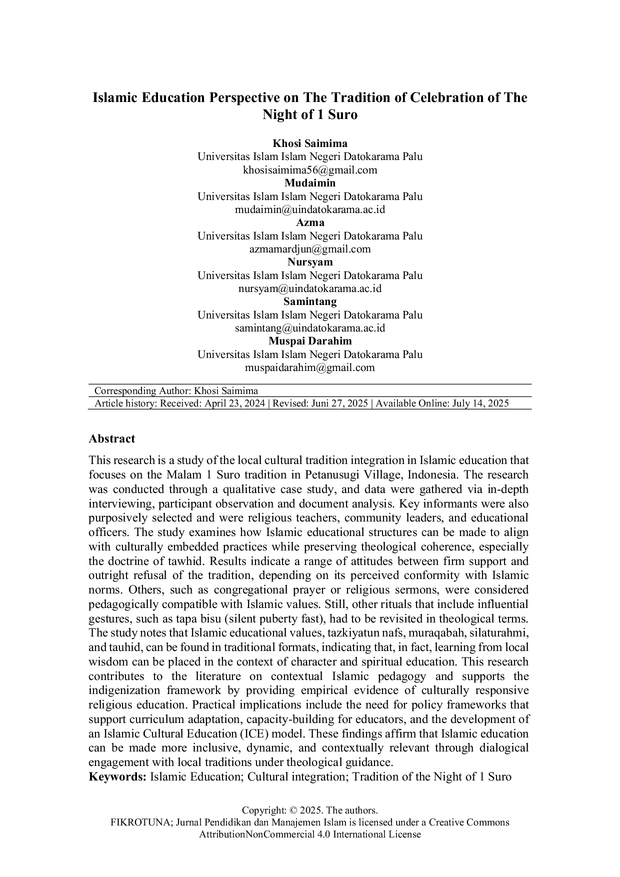 JURIS Islamic Education Perspective on The Tradition of Celebration of The Night of 1 Suro