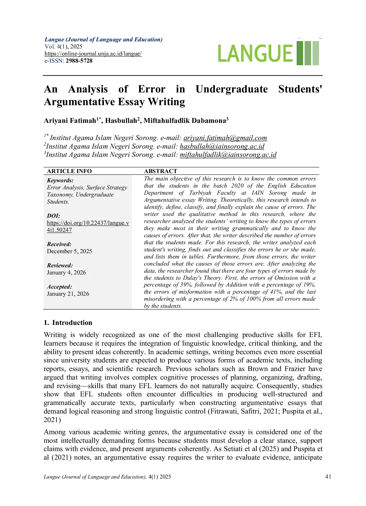 JURIS An Analysis of Error in Undergraduate Students Argumentative Essay Writing