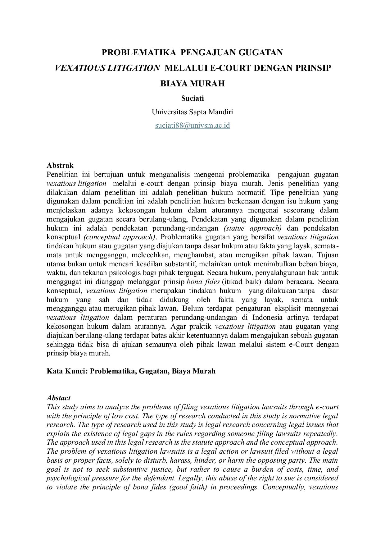 JURIS Problematika Pengajuan Gugatan Vexatious Litigation Melalui E Court dengan Prinsip Biaya Murah