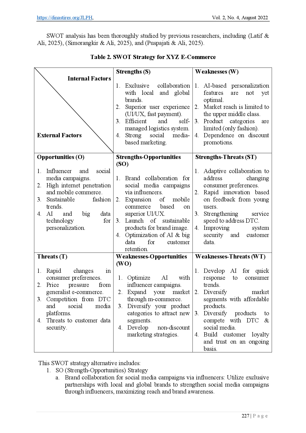 juris SWOT Analysis and SO ST WO and WT Strategies in XYZ E Commerce