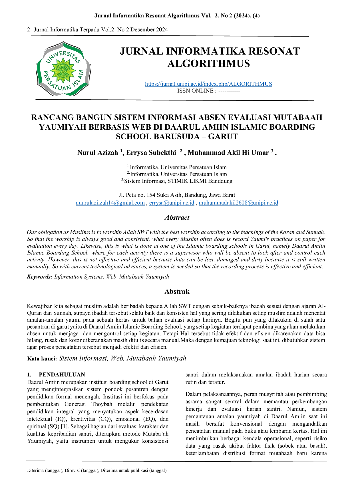 JURIS Rancang Bangun Sistem Informasi Absen Evaluasi Mutabaah Yaumiyah Berbasis Web Di Daarul Amiin Islamic Boarding School Barusuda Garut