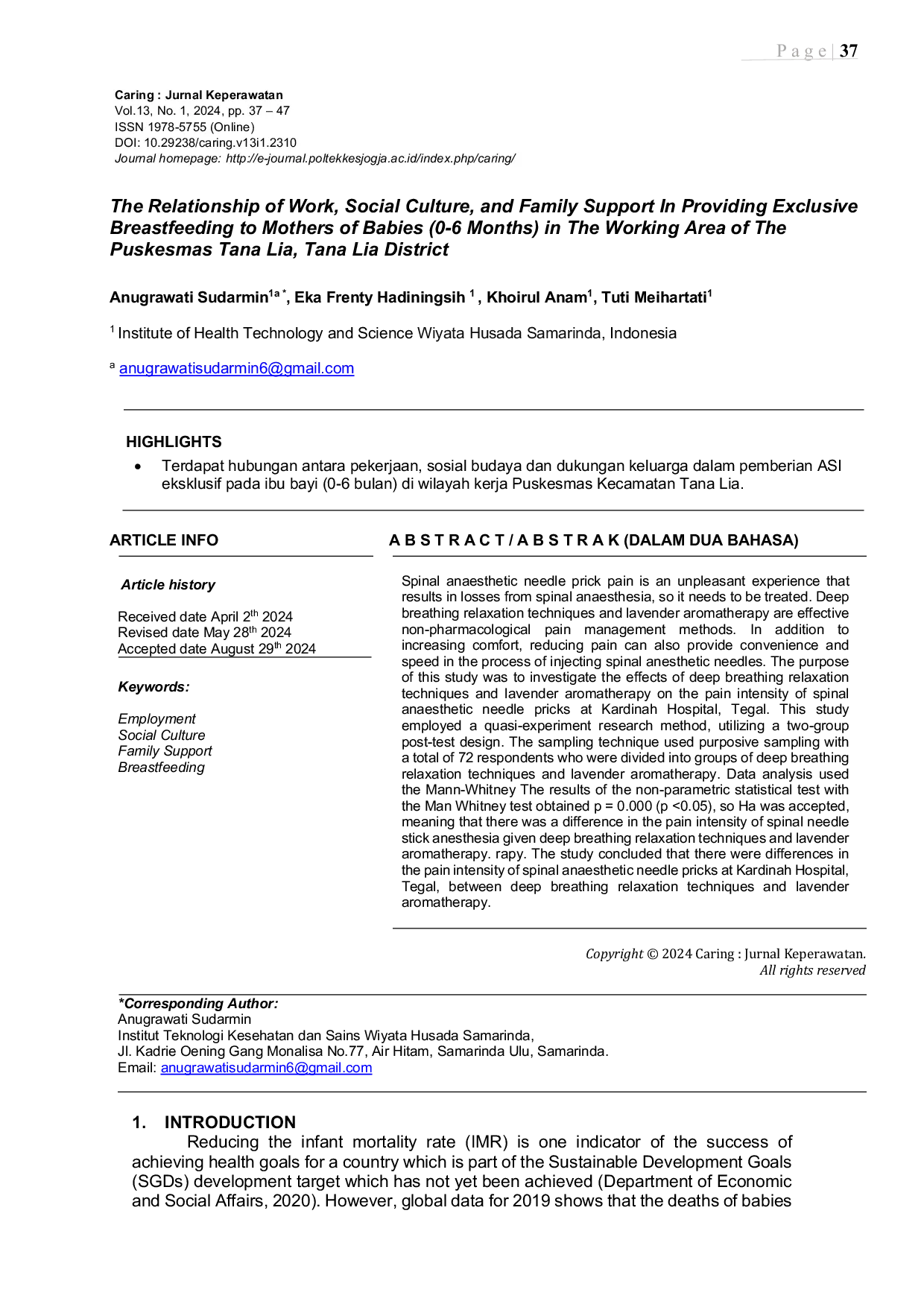 JURIS The Relationship of Work Social Culture and Family Support In Providing Exclusive Breastfeeding to Mothers of Babies 0 6 Months in The Working Area of The Puskesmas Tana Lia Tana Lia District