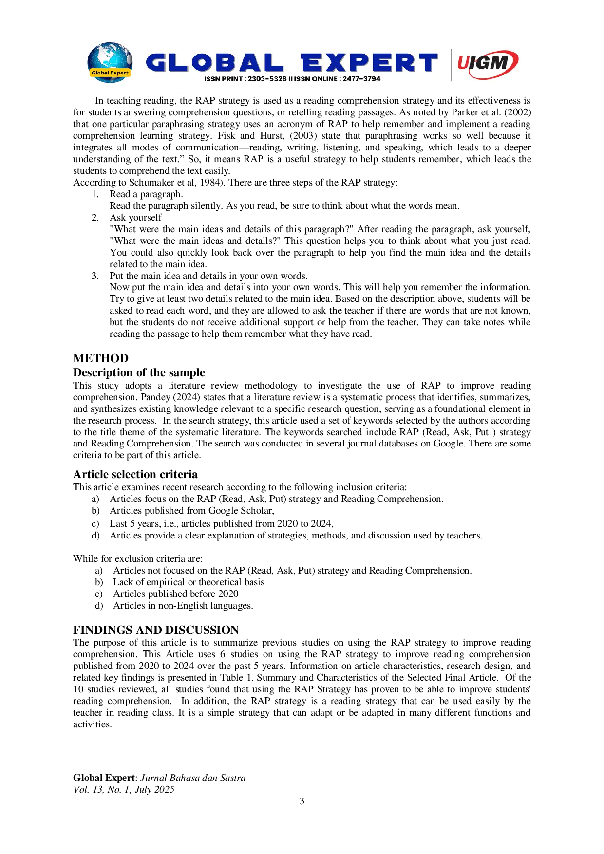 JURIS The Use of RAP Read Ask Put to Improve Reading Comprehension A Systematic Review