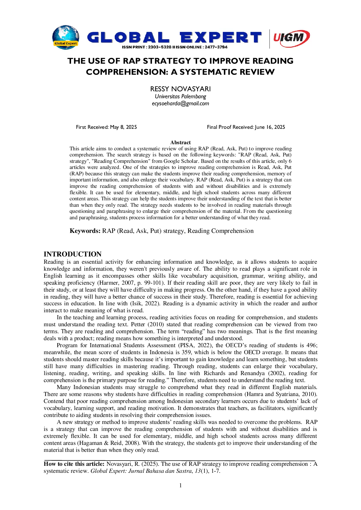 JURIS The Use of RAP Read Ask Put to Improve Reading Comprehension A Systematic Review