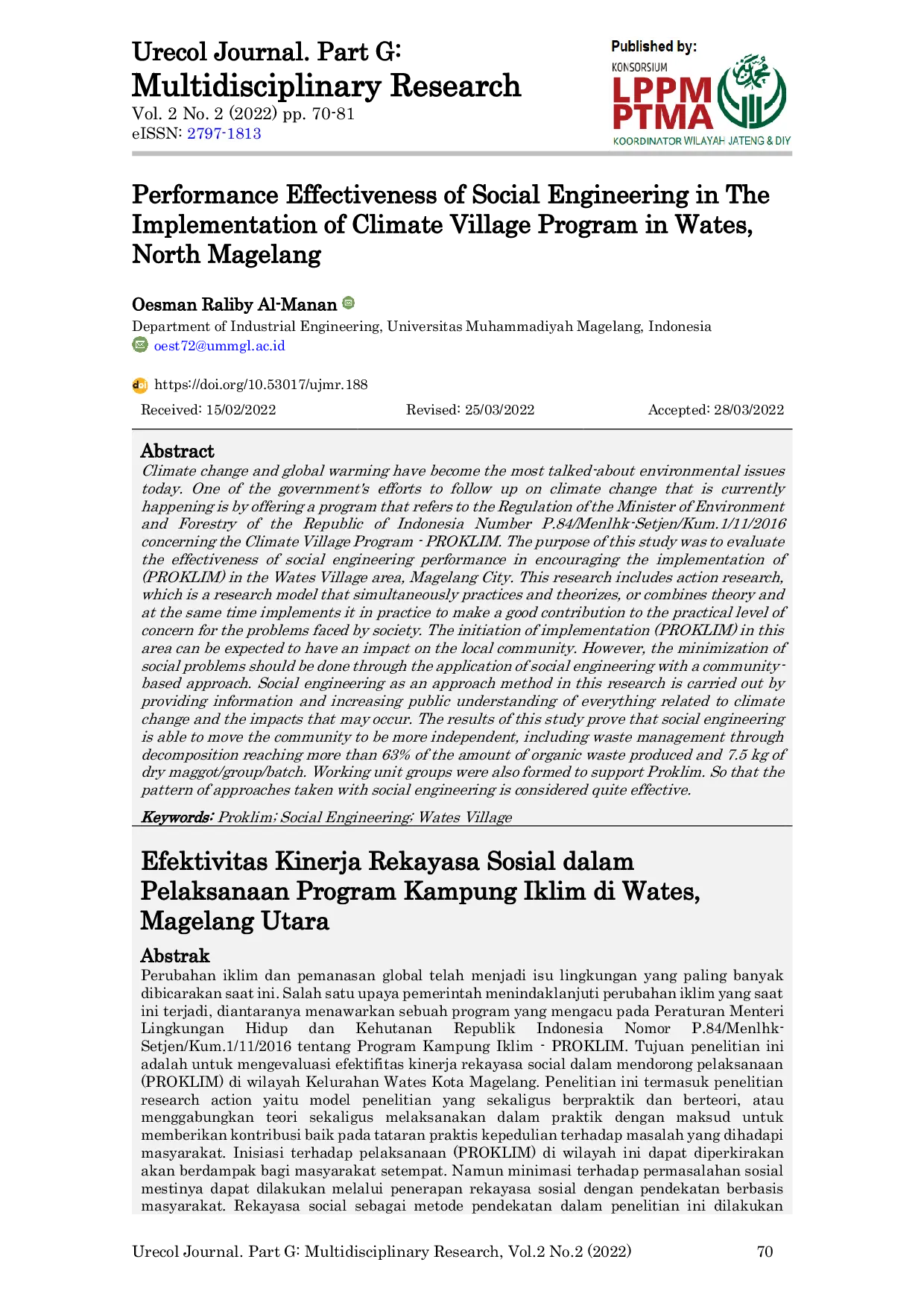 JURIS Performance Effectiveness of Social Engineering in The Implementation of Climate Village Program in Wates North Magelang