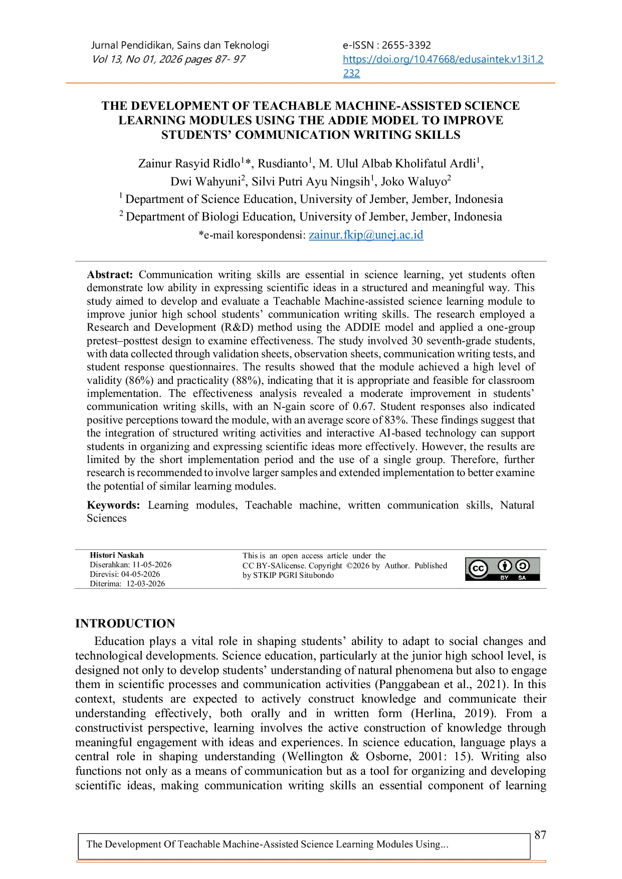 JURIS The Development of Teachable Machine Assisted Science Learning Modules Using the ADDIE Model to Improve Students Communication Writing Skills
