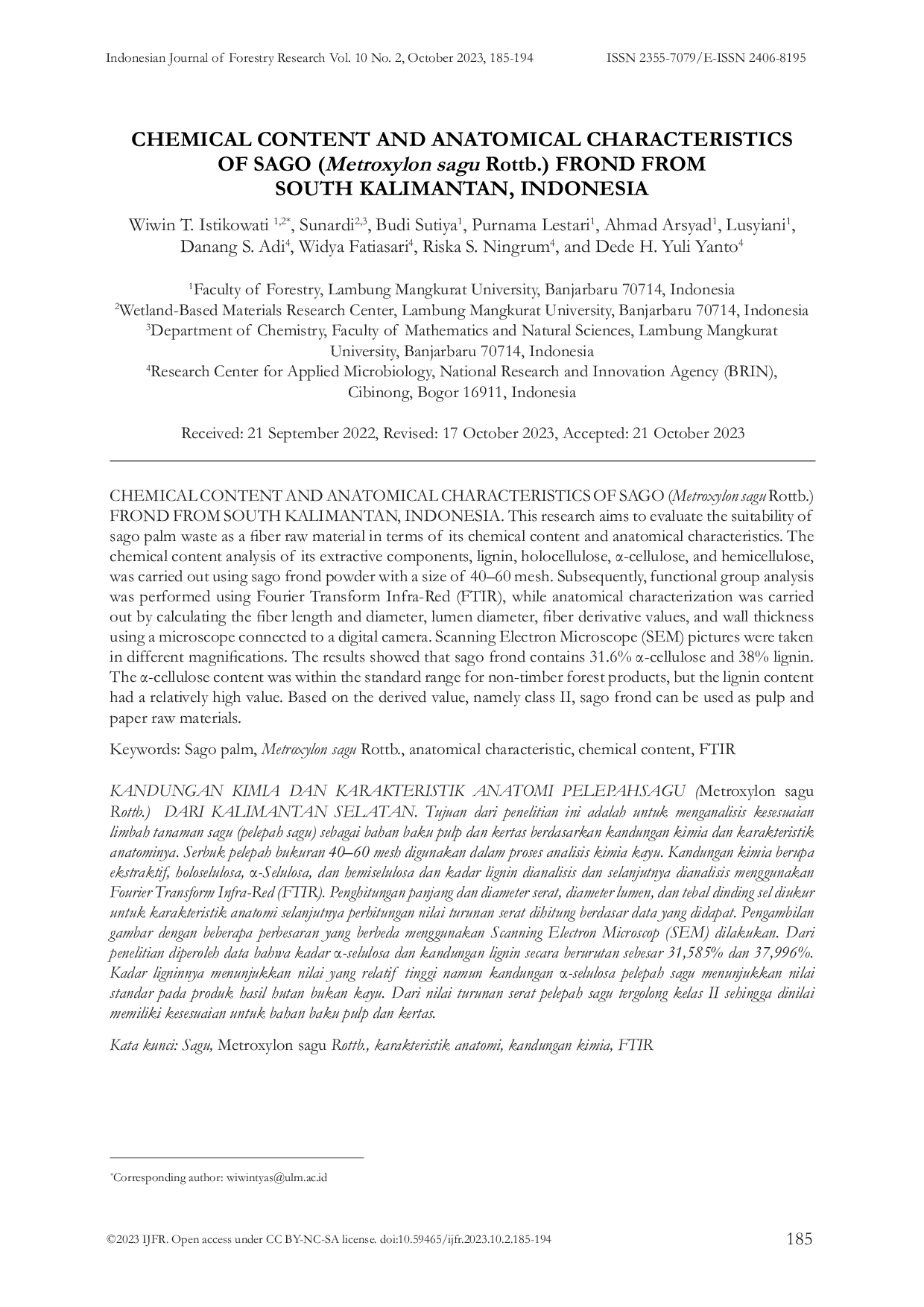 JURIS CHEMICAL CONTENT AND ANATOMICAL CHARACTERISTICS OF SAGO Metroxylon sagu Rottb FROND FROM SOUTH KALIMANTAN INDONESIA