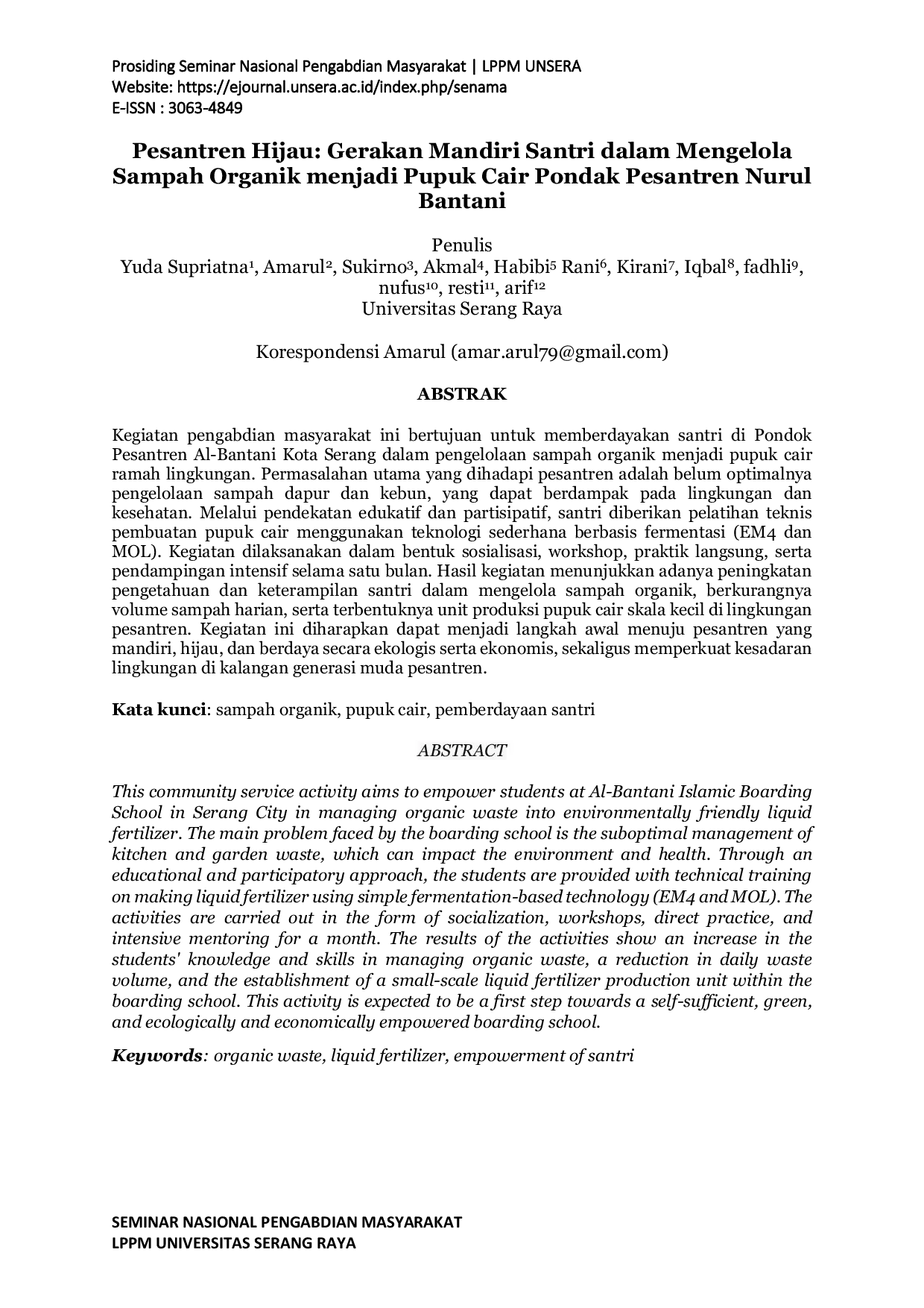 JURIS Pesantren Hijau Gerakan Mandiri Santri Dalam Mengelola Sampah Organik Menjadi Pupuk Cair Pondok Pesantren Nurul Bantani