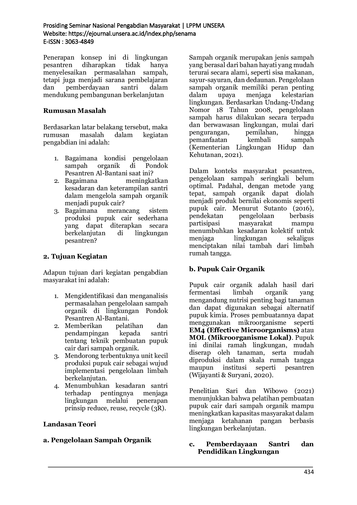 JURIS Pesantren Hijau Gerakan Mandiri Santri Dalam Mengelola Sampah Organik Menjadi Pupuk Cair Pondok Pesantren Nurul Bantani