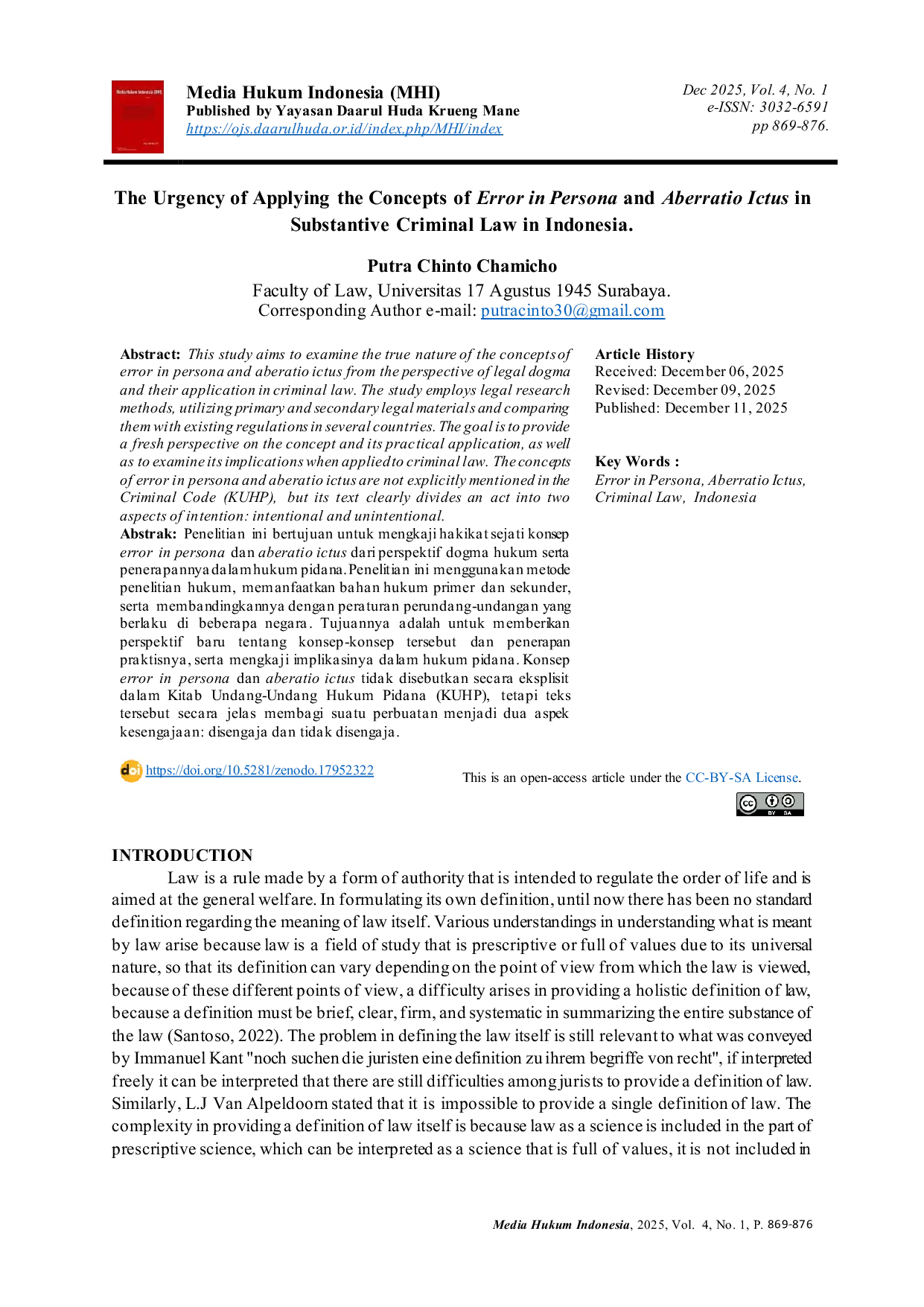 JURIS The Urgency of Applying the Concepts of Error in Persona and Aberratio Ictus in Substantive Criminal Law in Indonesia