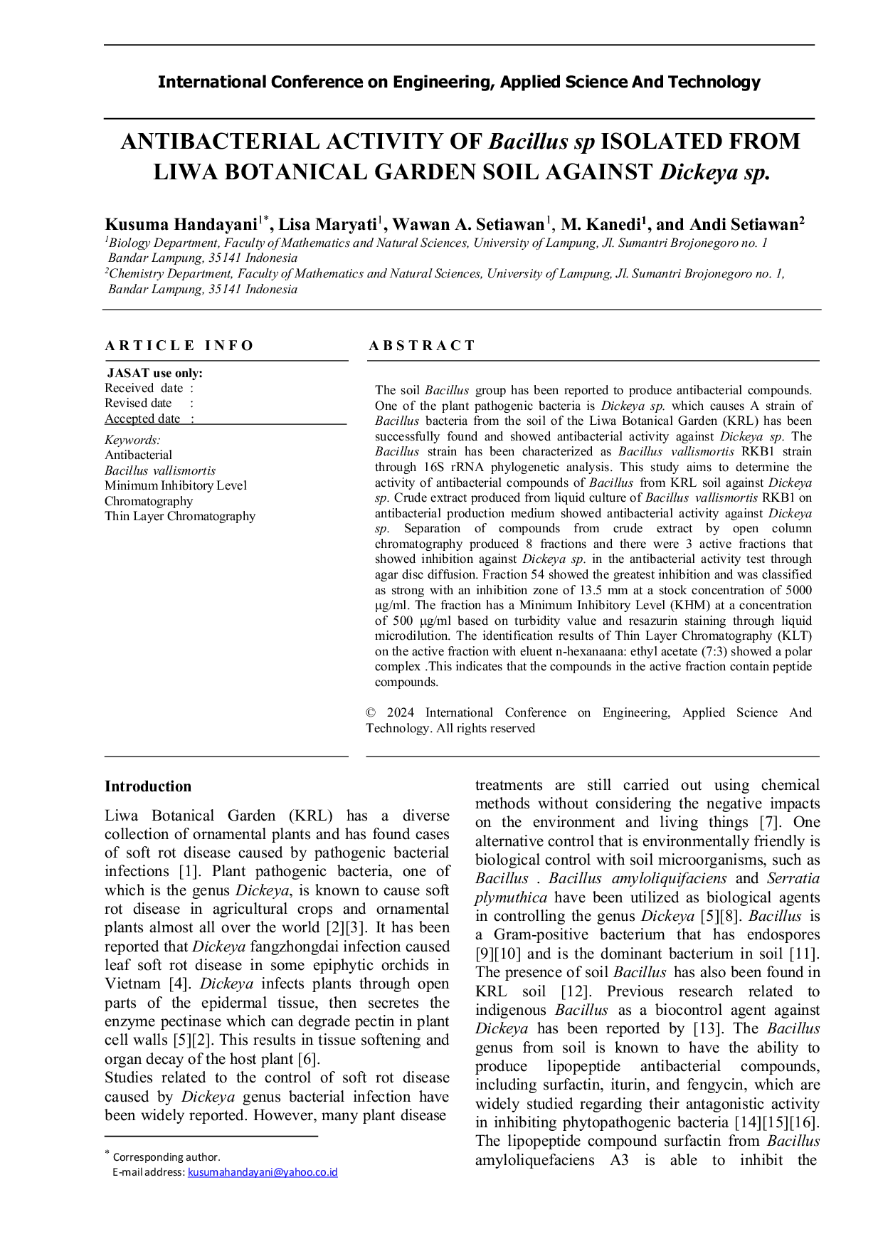 JURIS ANTIBACTERIAL ACTIVITY OF Bacillus sp ISOLATED FROM LIWA BOTANICAL GARDEN SOIL AGAINST Dickeya sp