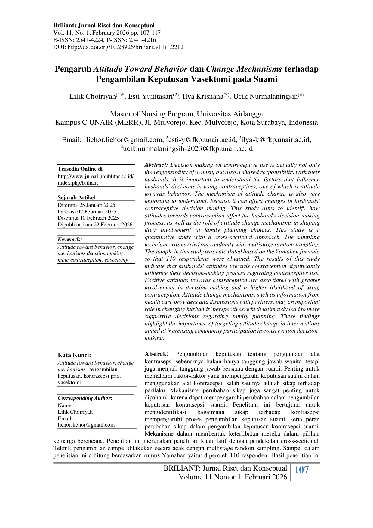 JURIS Pengaruh Attitude Toward Behavior dan Change Mechanisms terhadap Pengambilan Keputusan Vasektomi pada Suami