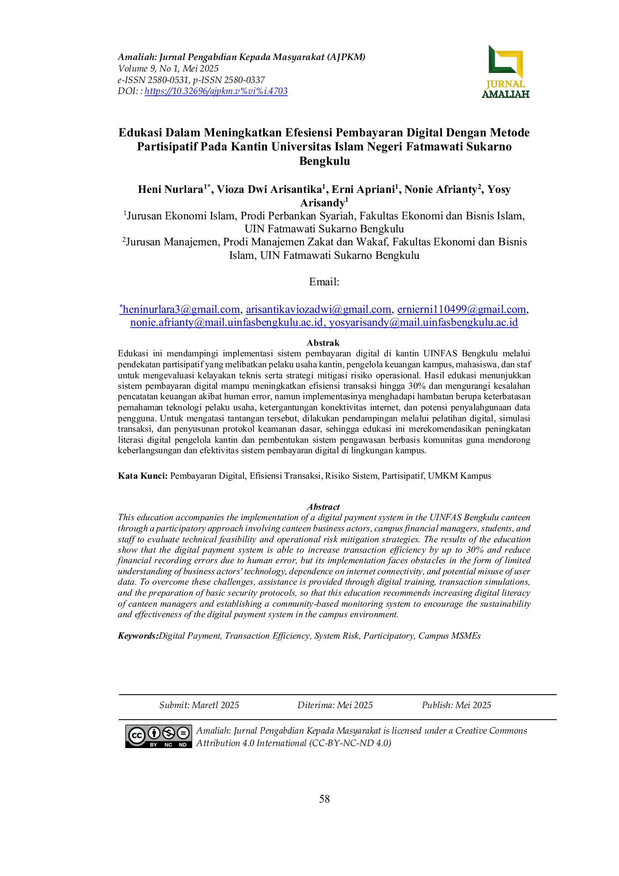 JURIS Edukasi Dalam Meningkatkan Efesiensi Pembayaran Digital Dengan Metode Partisipatif Pada Kantin Universitas Islam Negeri Fatmawati Sukarno Bengkulu