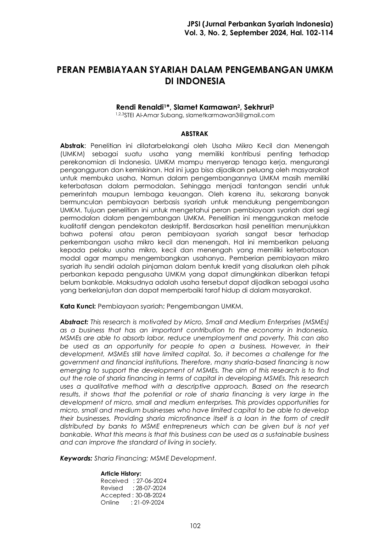 JURIS Peran Pembiayaan Syariah Dalam Pengembangan UMKM Di Indonesia