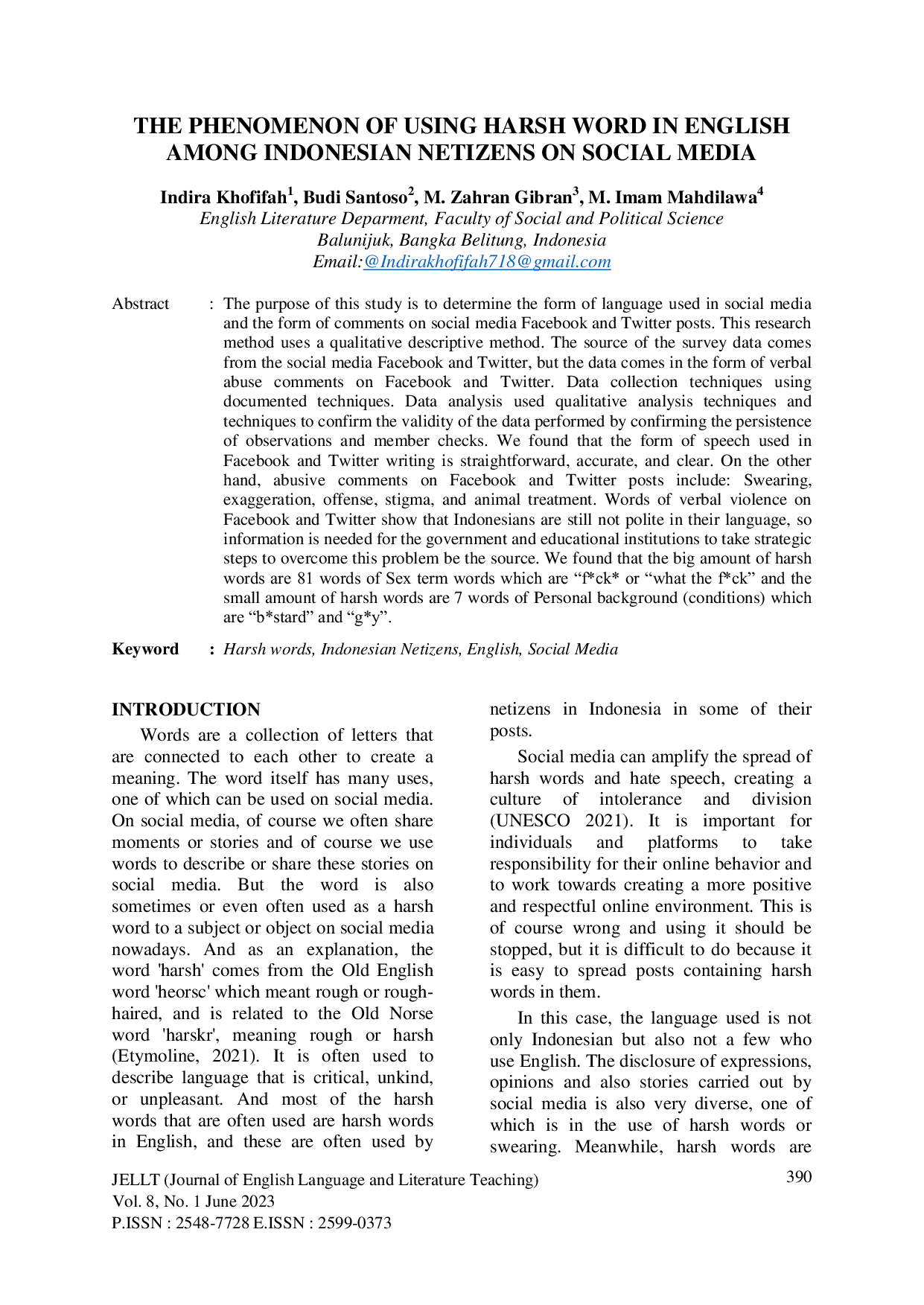 JURIS THE PHENOMENON OF USING HARSH WORD IN ENGLISH AMONG INDONESIAN NETIZENS ON SOCIAL MEDIA