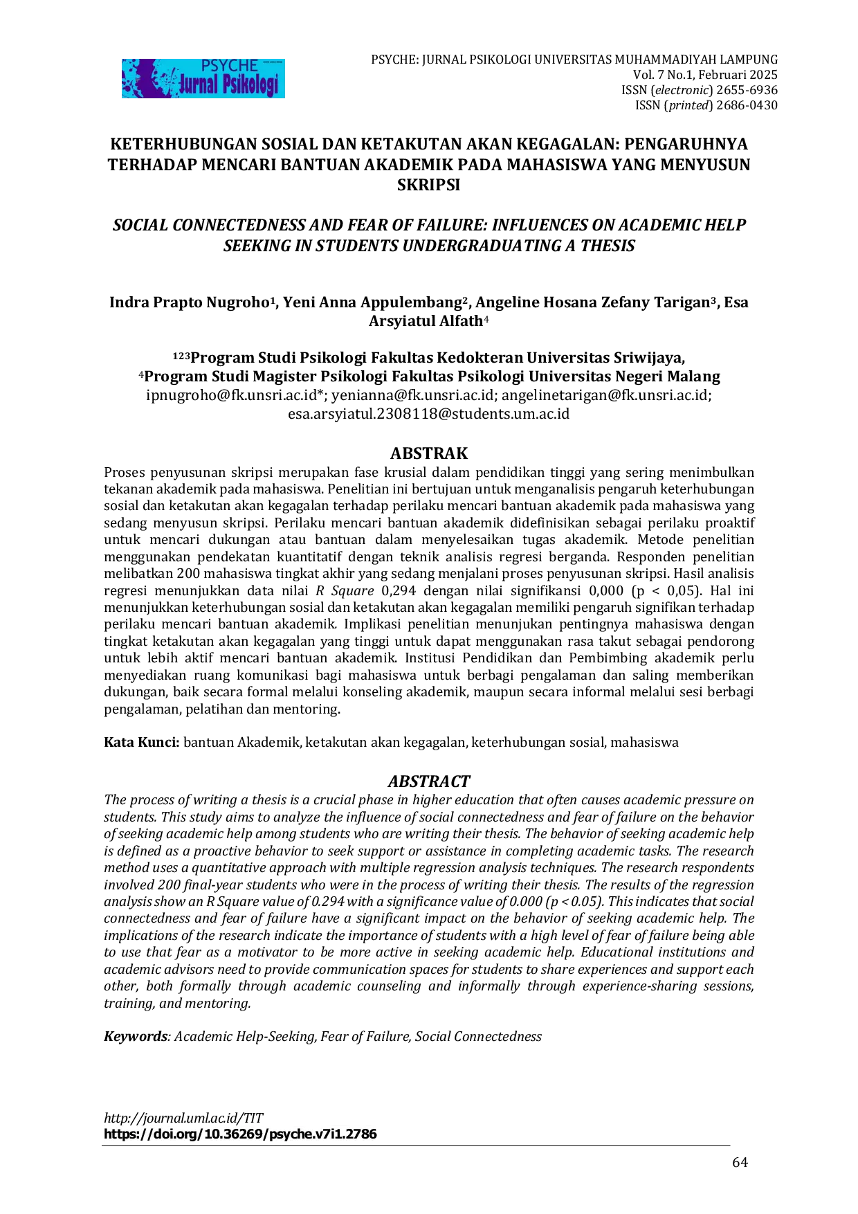 JURIS Keterhubungan Sosial dan Ketakutan Akan Kegagalan Pengaruhnya Terhadap Mencari Bantuan Akademik Pada Mahasiswa Yang Menyusun Skripsi