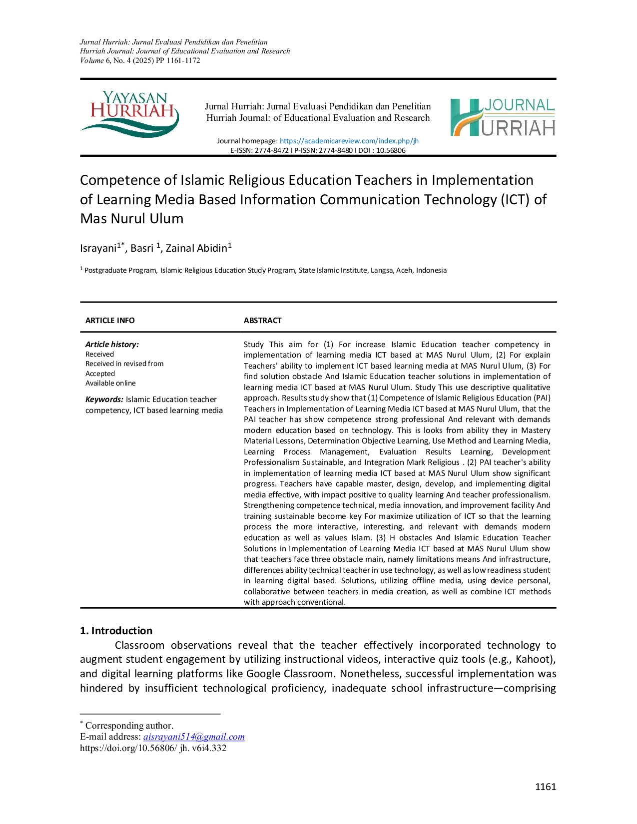 JURIS Competence of Islamic Religious Education Teachers in Implementation of Learning Media Based Information Communication Technology ICT To Mas Nurul Ulum