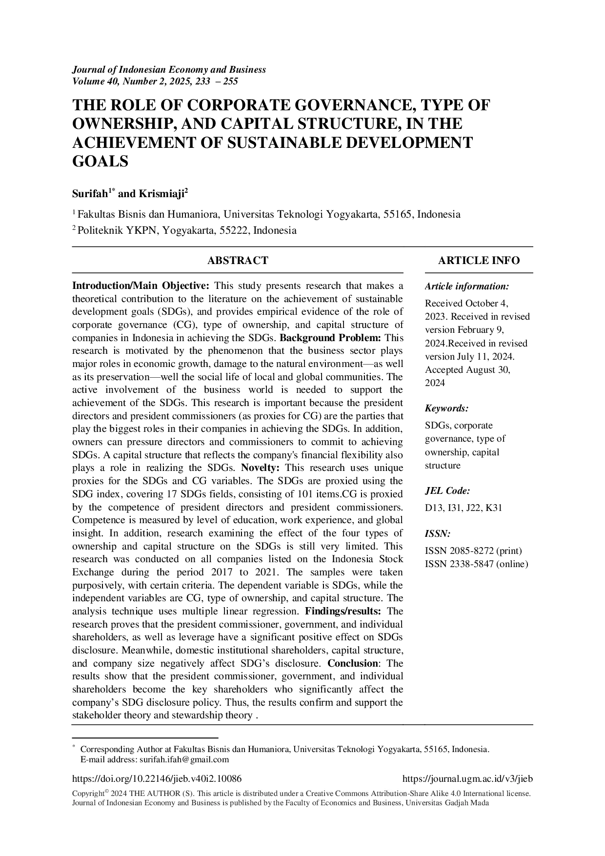 JURIS The Role of Corporate Governance Type of Ownership and Capital Structure in the Achievement of Sustainable Development Goals