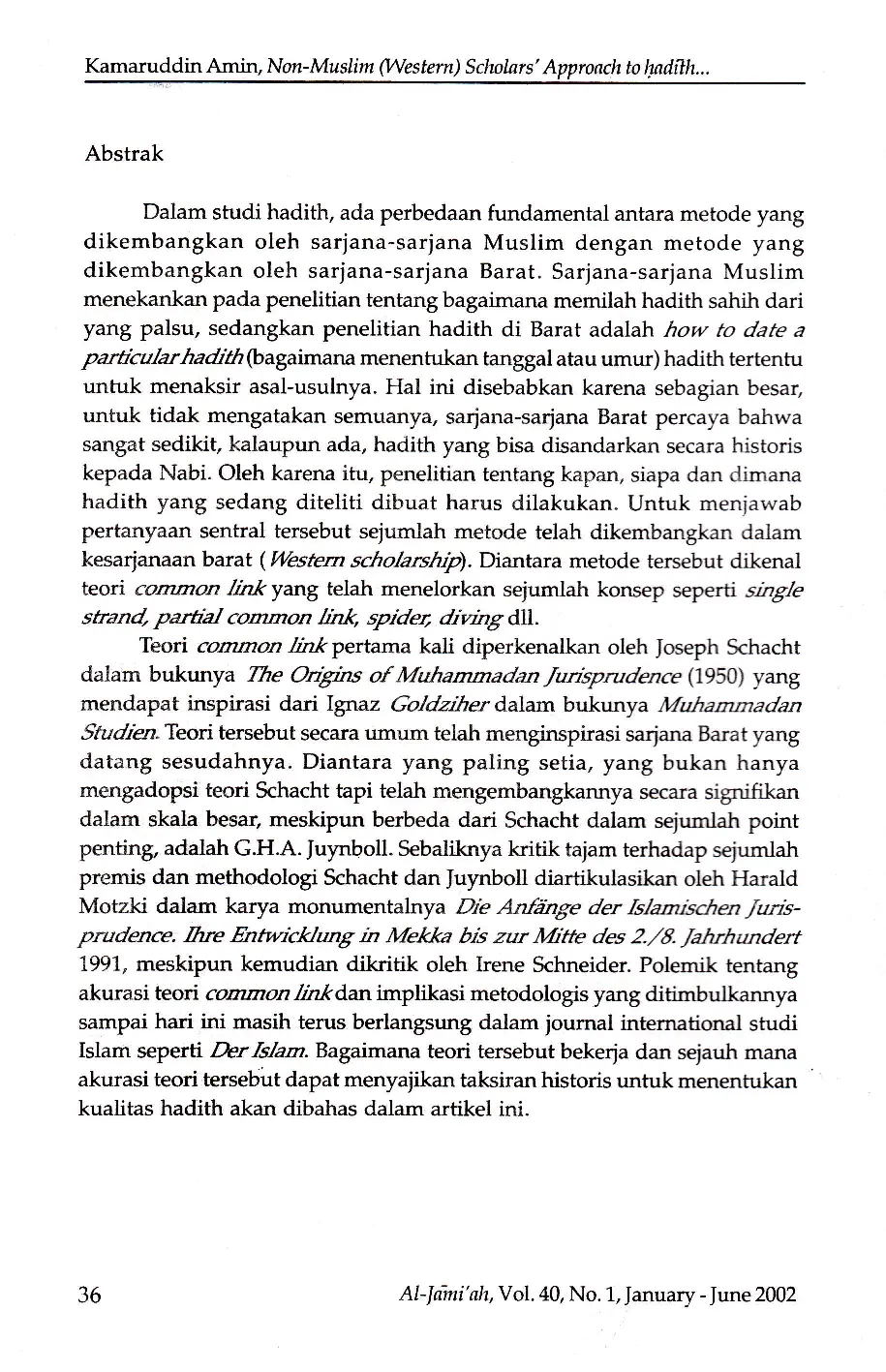 JURIS Non Muslim Western Scholars Approach to Hadith An Analytical Study on the Theory of Common Link and Single Strand