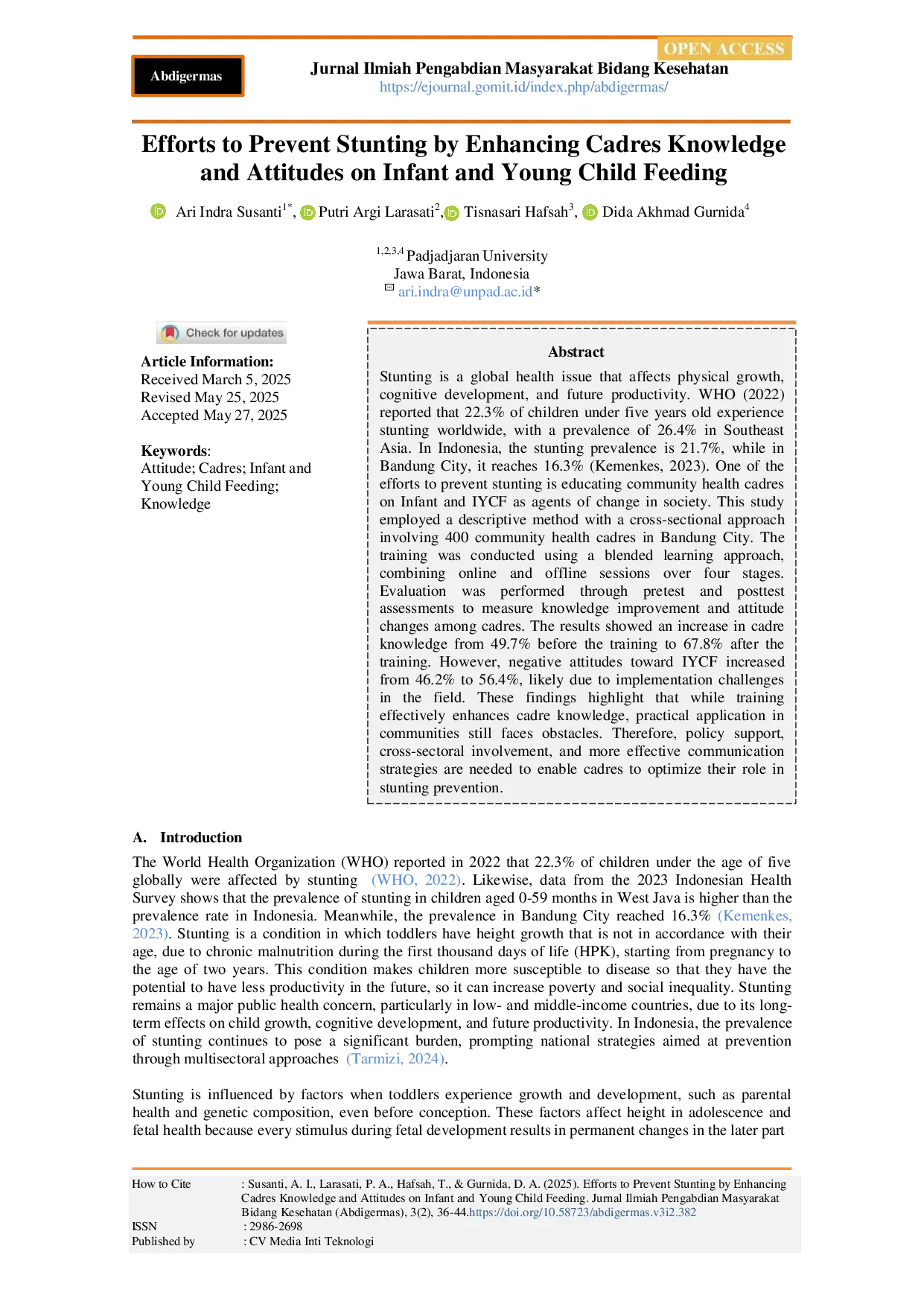 juris Efforts To Prevent Stunting By Enhancing Cadres Knowledge And Attitudes On Infant And Young Child Feeding