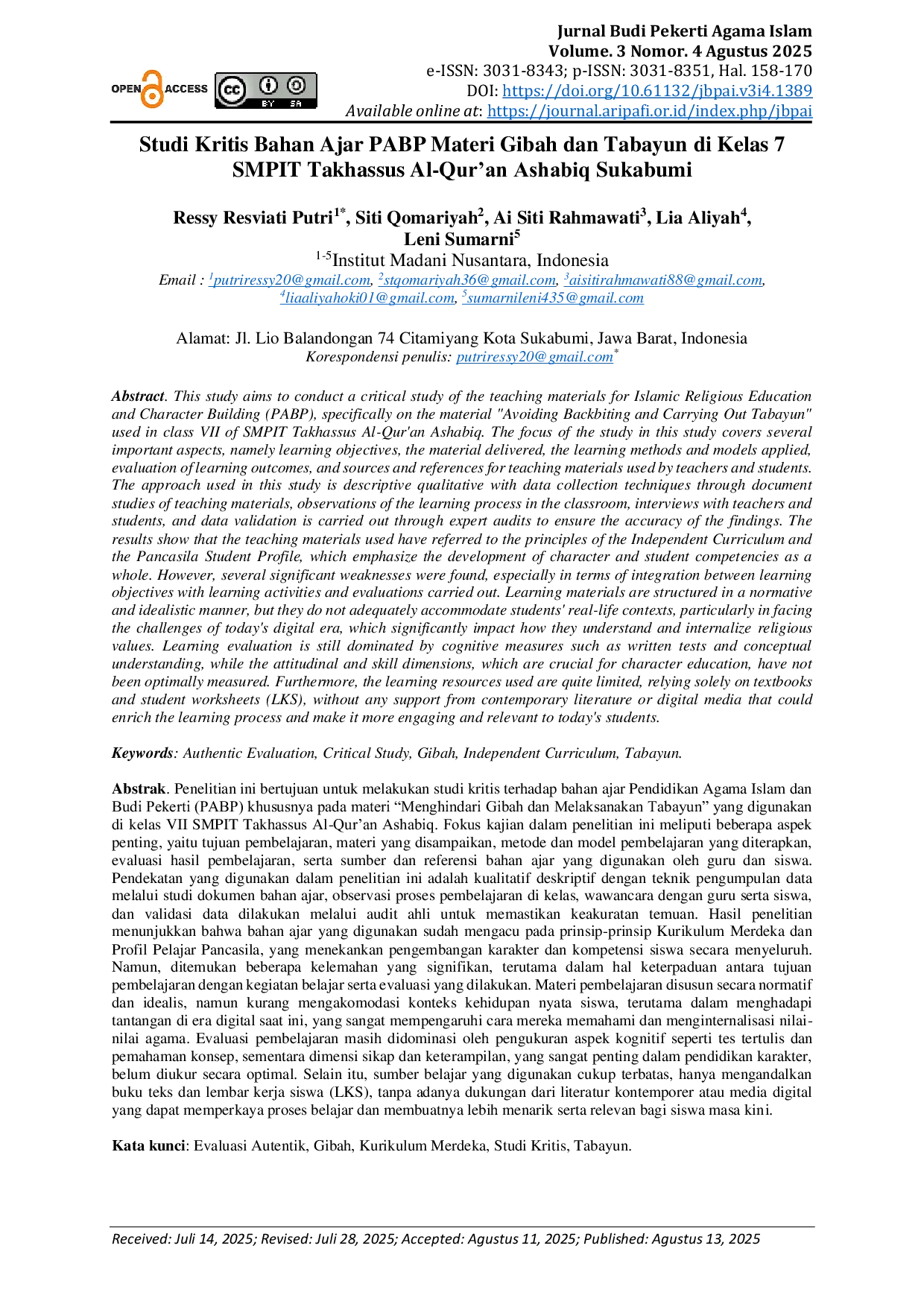 JURIS Studi Kritis Bahan Ajar PABP Materi Gibah dan Tabayun di Kelas 7 SMPIT Takhassus Al Qur an Ashabiq Sukabumi