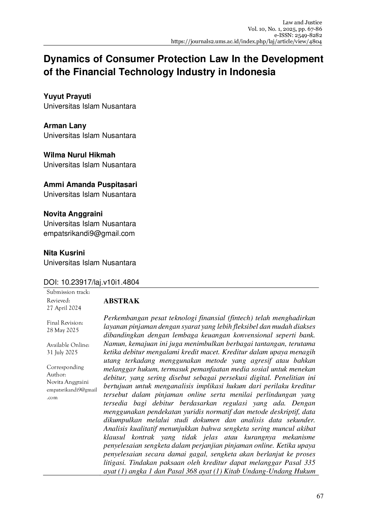 JURIS Dynamics of Consumer Protection Law In the Development of the Financial Technology Industry in Indonesia