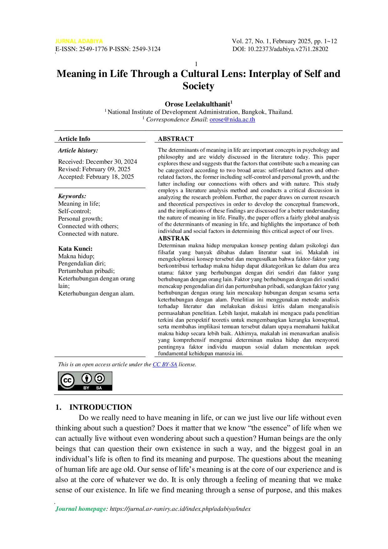JURIS Meaning in Life Through a Cultural Lens Interplay of Self and Society