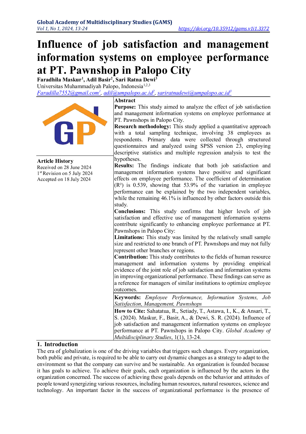 JURIS Influence of job satisfaction and management information systems on employee performance at PT Pawnshop in Palopo City