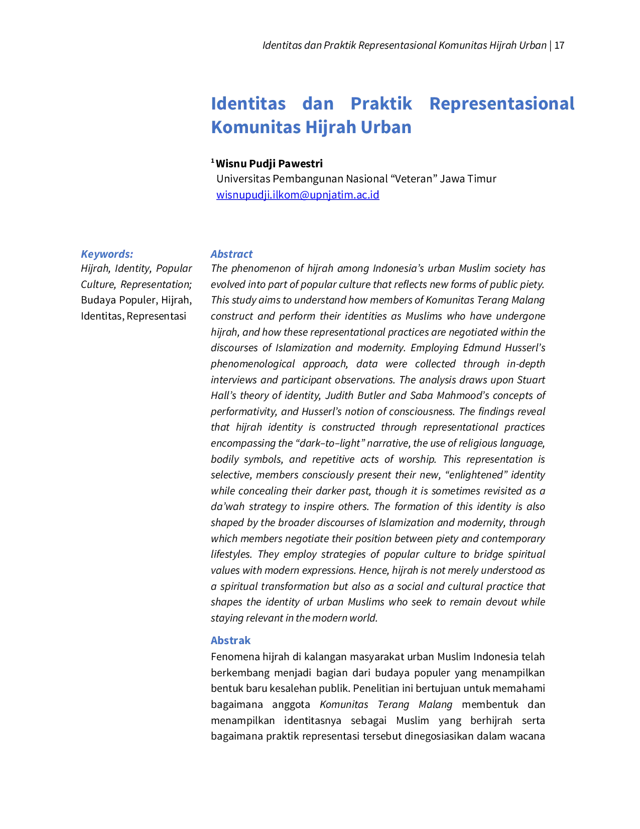 JURIS Identitas dan Praktik Representasional Komunitas Hijrah Urban