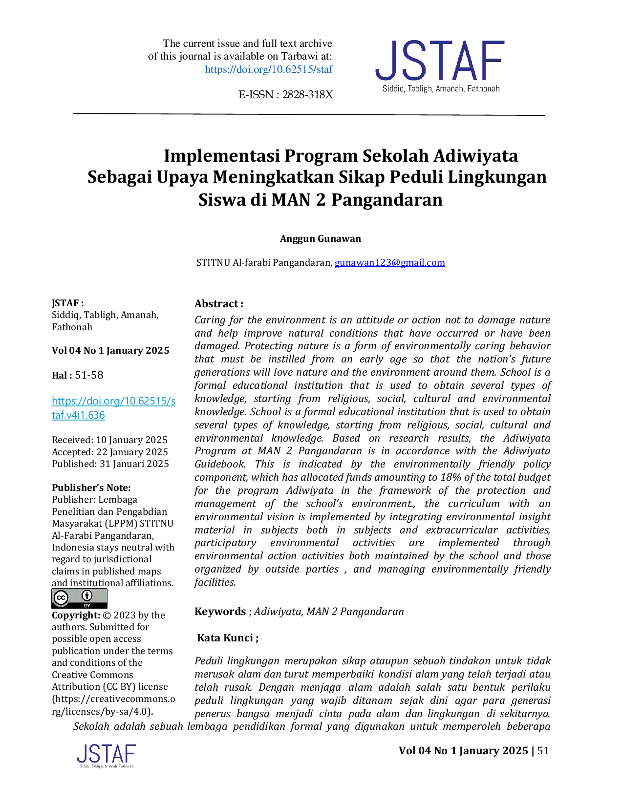 JURIS Implementasi Program Sekolah Adiwiyata Sebagai Upaya Meningkatkan Sikap Peduli Lingkungan Siswa di MAN 2 Pangandaran
