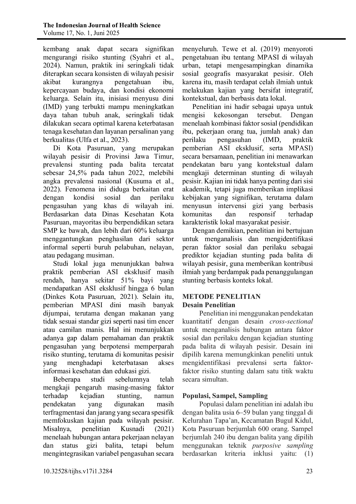 JURIS Faktor Sosial dan Perilaku sebagai Prediktor Stunting pada Balita di Wilayah Pesisir