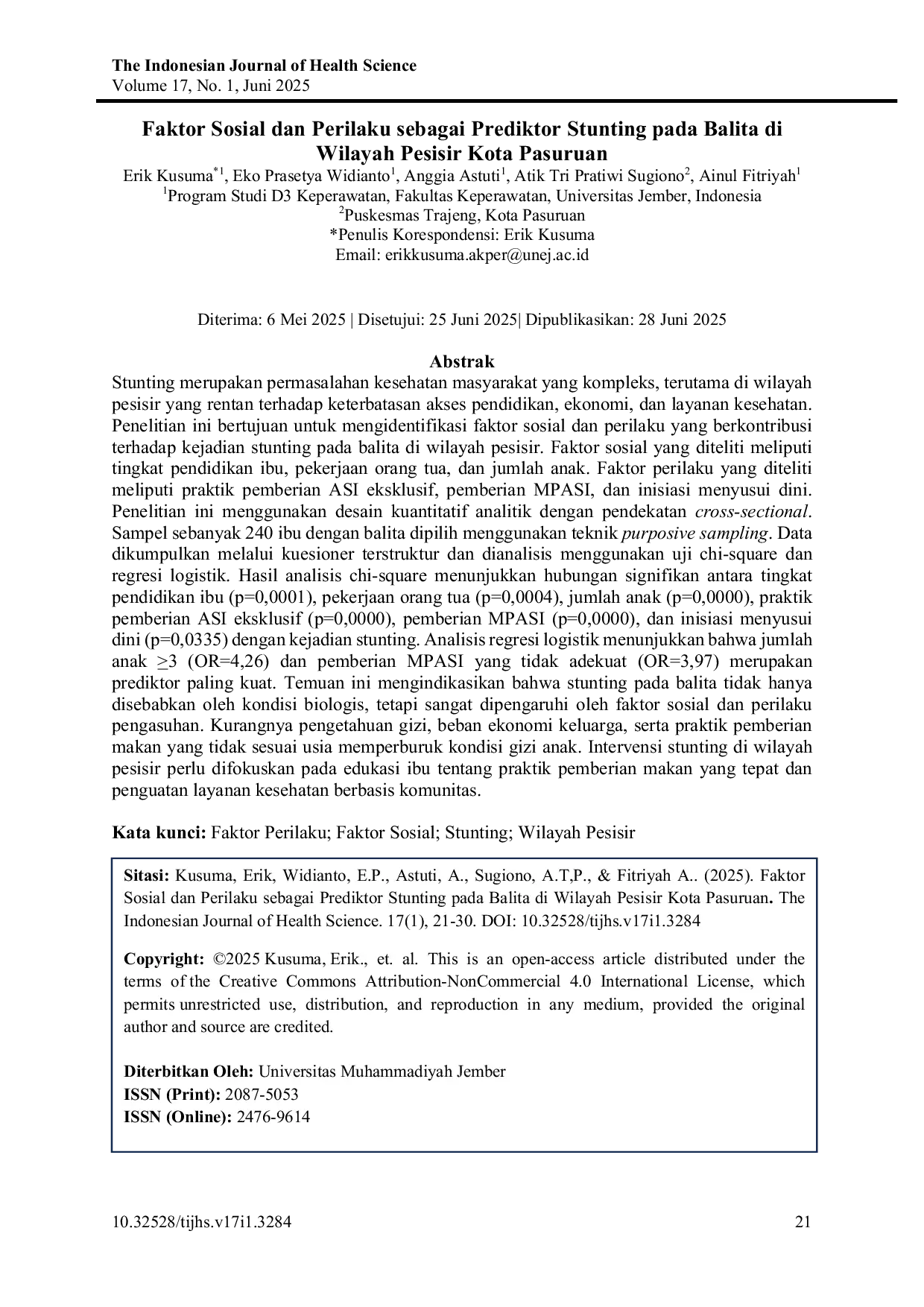 JURIS Faktor Sosial dan Perilaku sebagai Prediktor Stunting pada Balita di Wilayah Pesisir