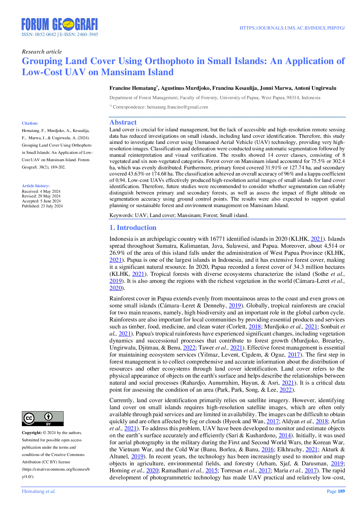 JURIS Grouping Land Cover Using Orthophoto in Small Islands An Application of Low Cost UAV on Mansinam Island